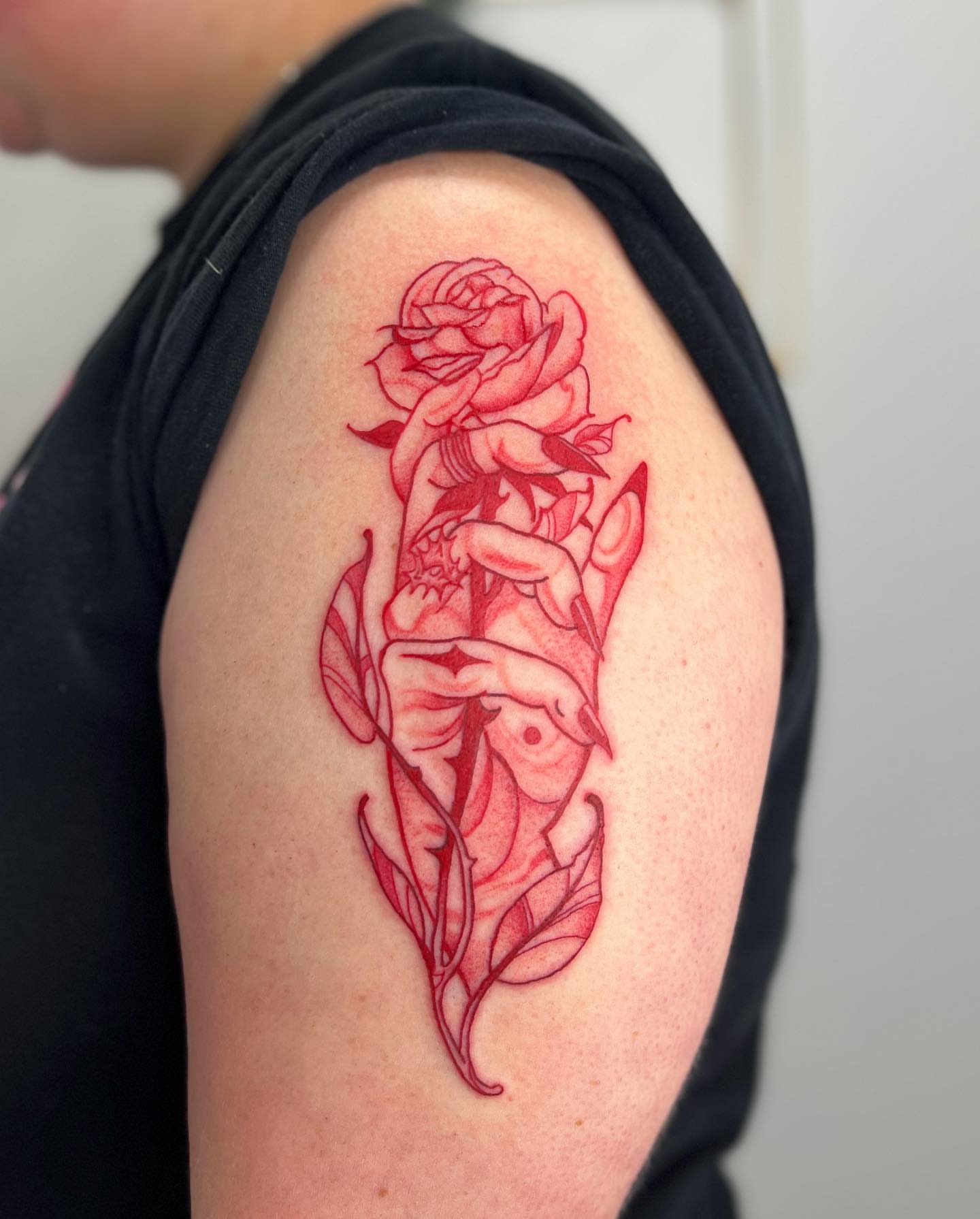 Rose fine line tattoo on the shoulder by ✨BADJASS the tattoo artist✨