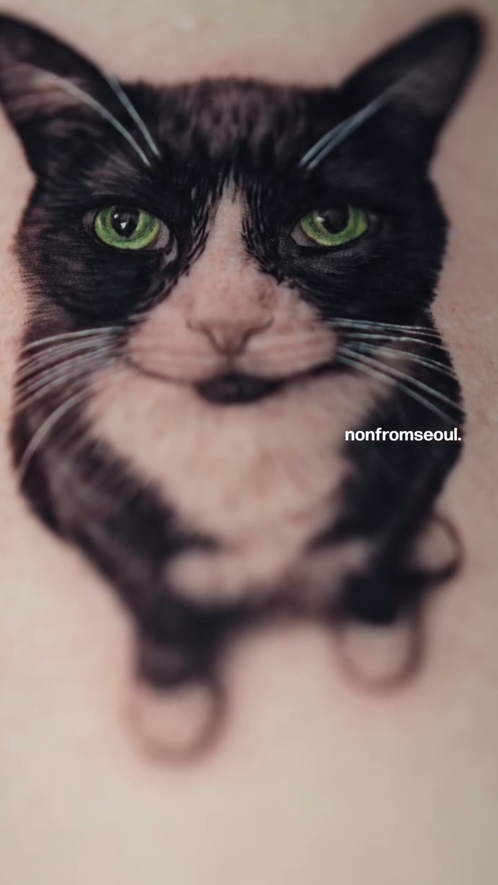 Cat portrait realism tattoo by LA Tattoo Yeono