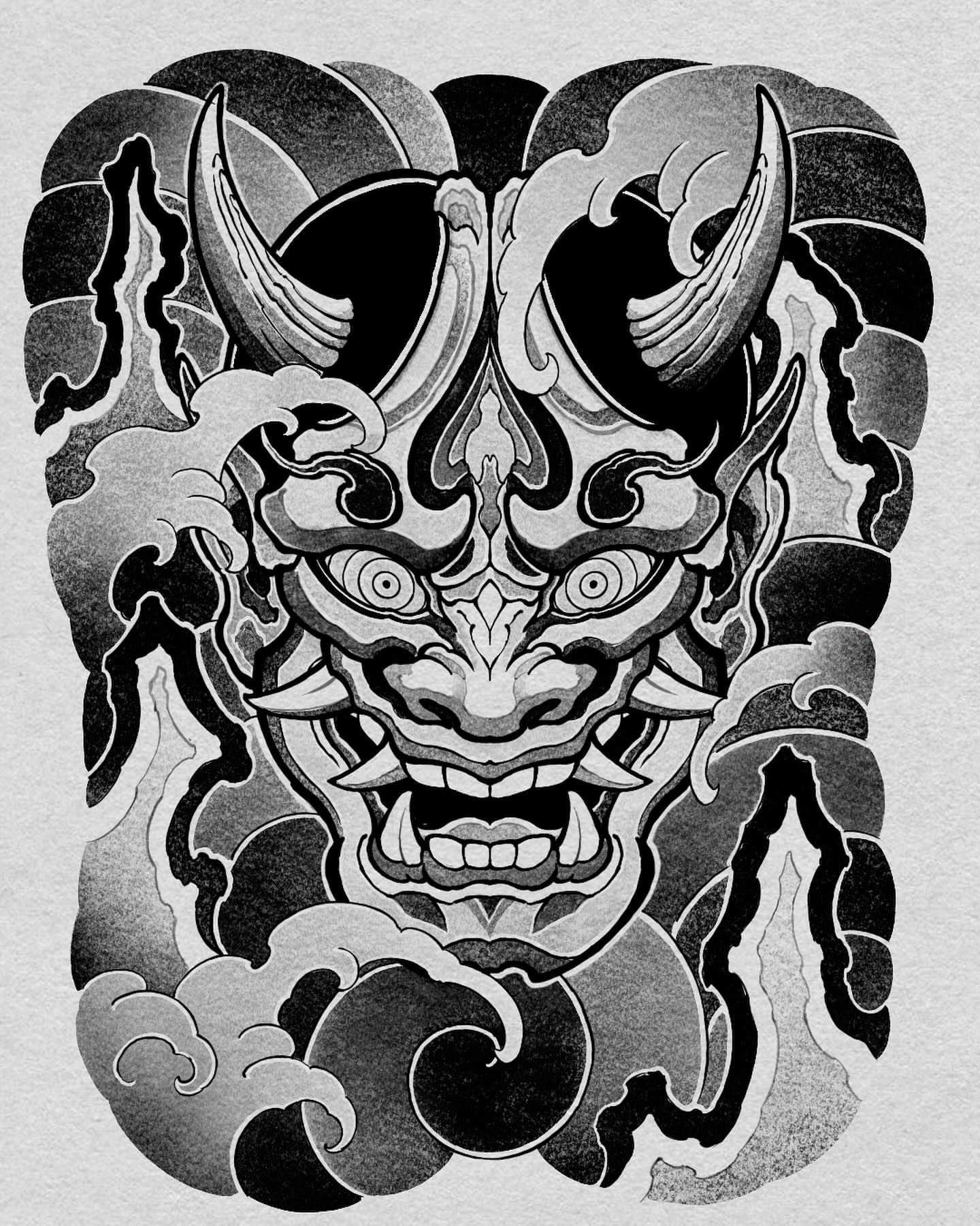 Demon mask japanese irezumi tattoo by Kubo