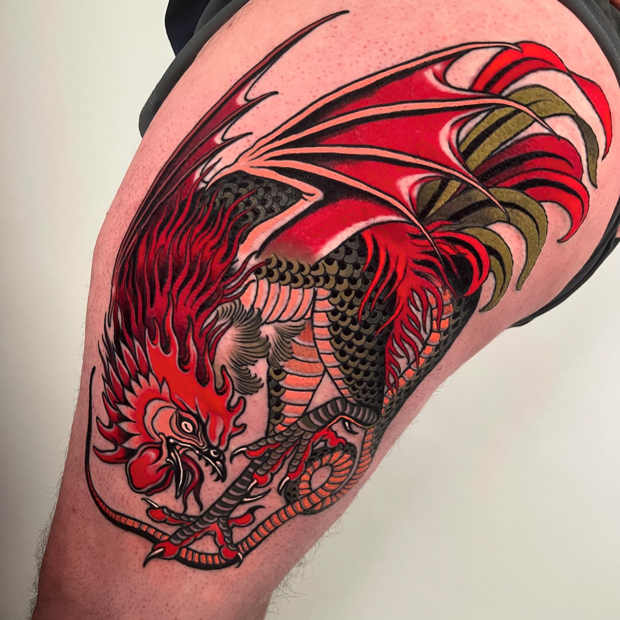 Dragon japanese irezumi tattoo on the thigh by Sara Lewis