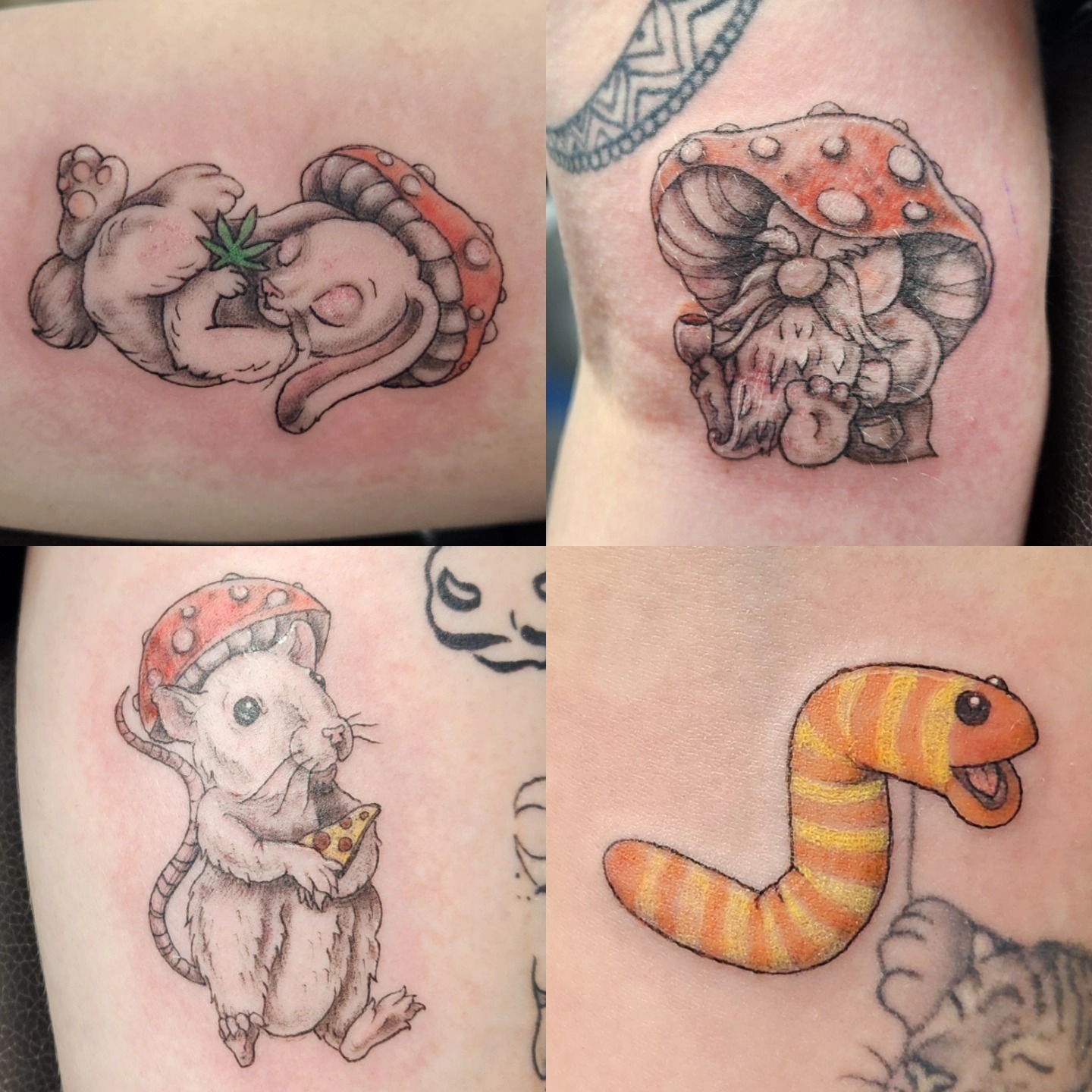 Mice and mushrooms dotwork tattoo on the forearm by Jennalea