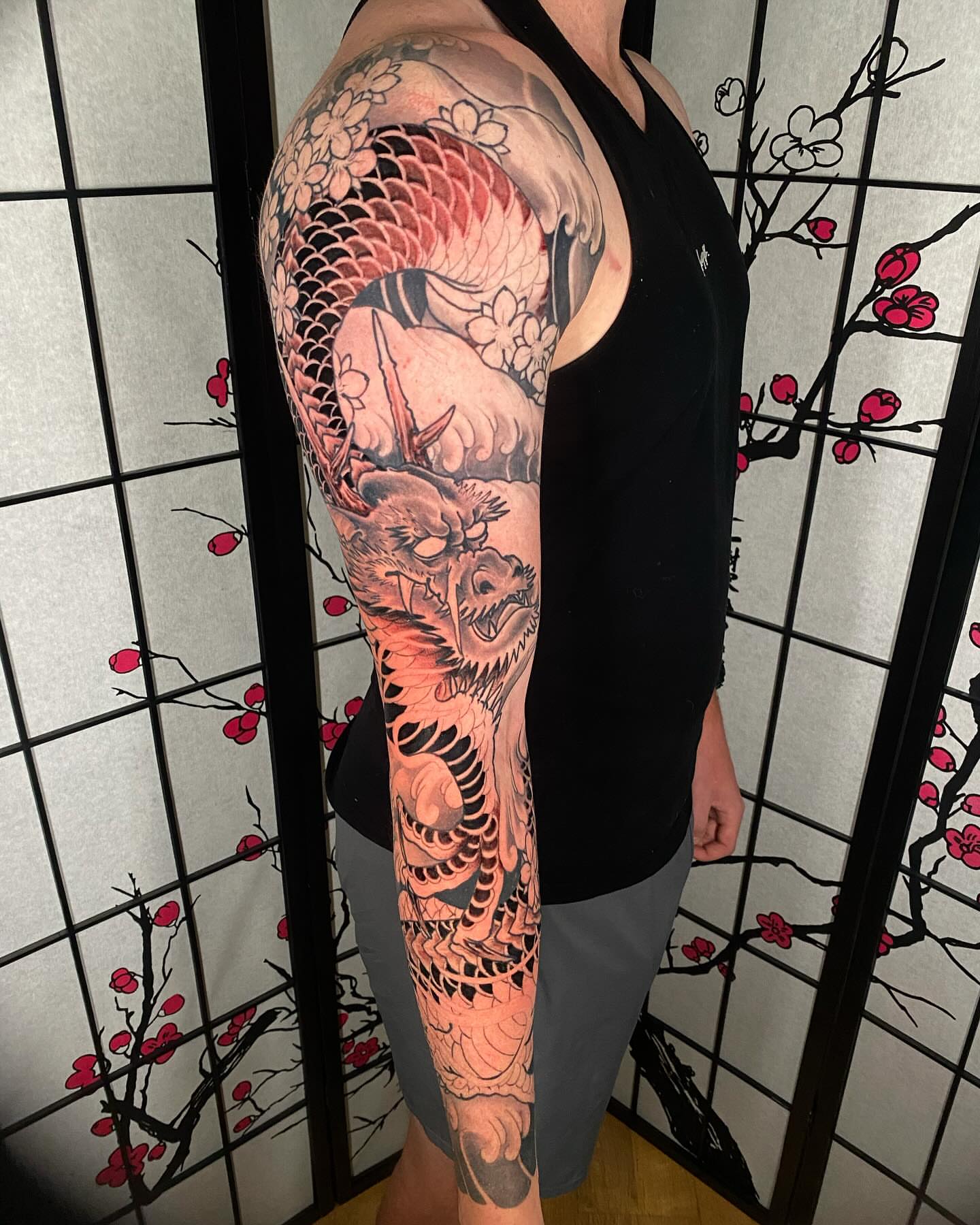 Dragon japanese irezumi tattoo on the upper arm by Eric James, Phoenix, Arizona