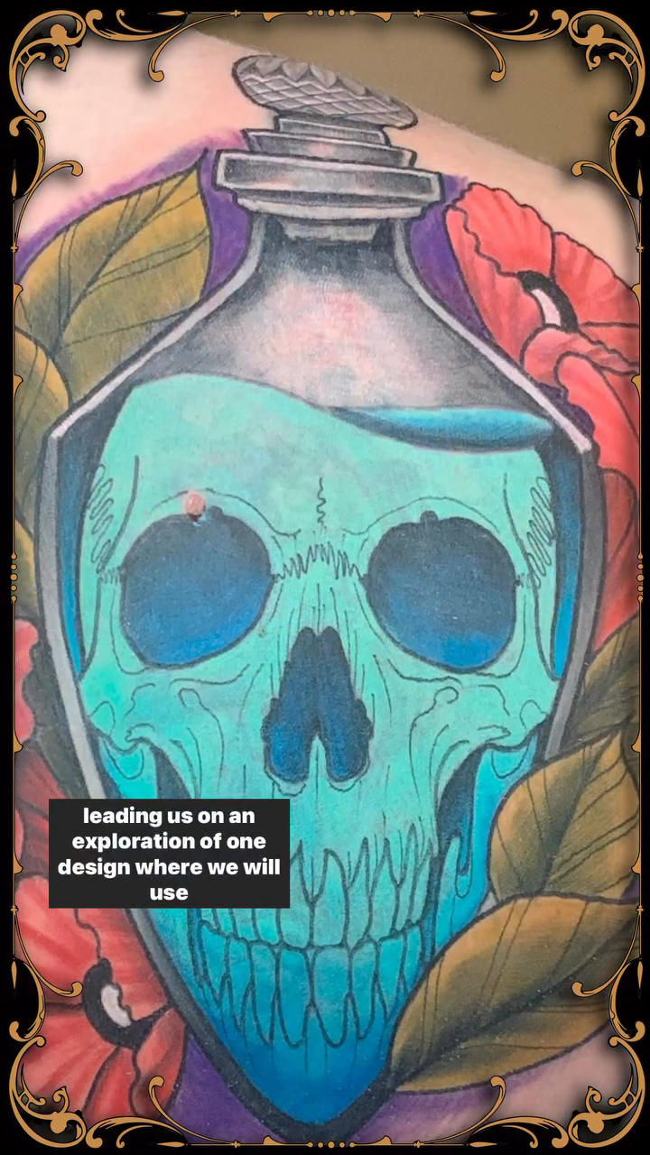 Skull in a potion bottle dark realism tattoo by Jason L.