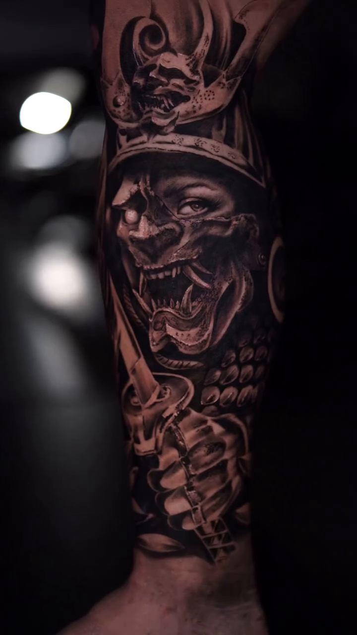 Samurai mask and sword japanese irezumi tattoo by Loi Nguyen
