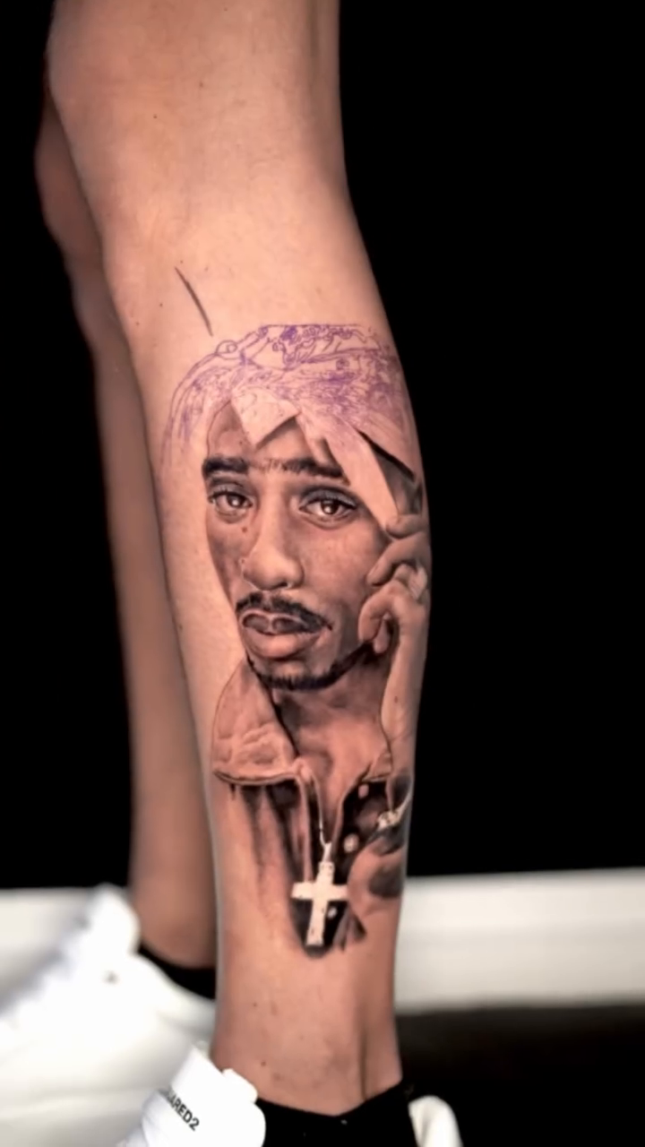 Tupac Shakur portrait realism tattoo by Remko