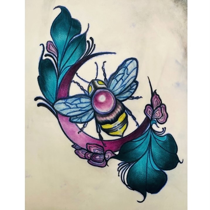 Bee and floral American traditional tattoo by Tiffany