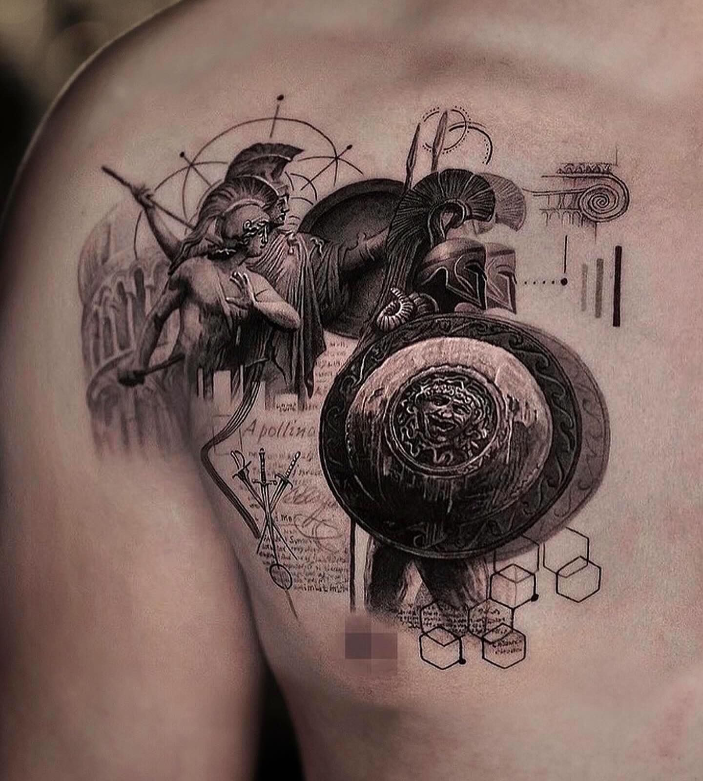 Ancient warriors realism tattoo on the shoulder by Dopamine