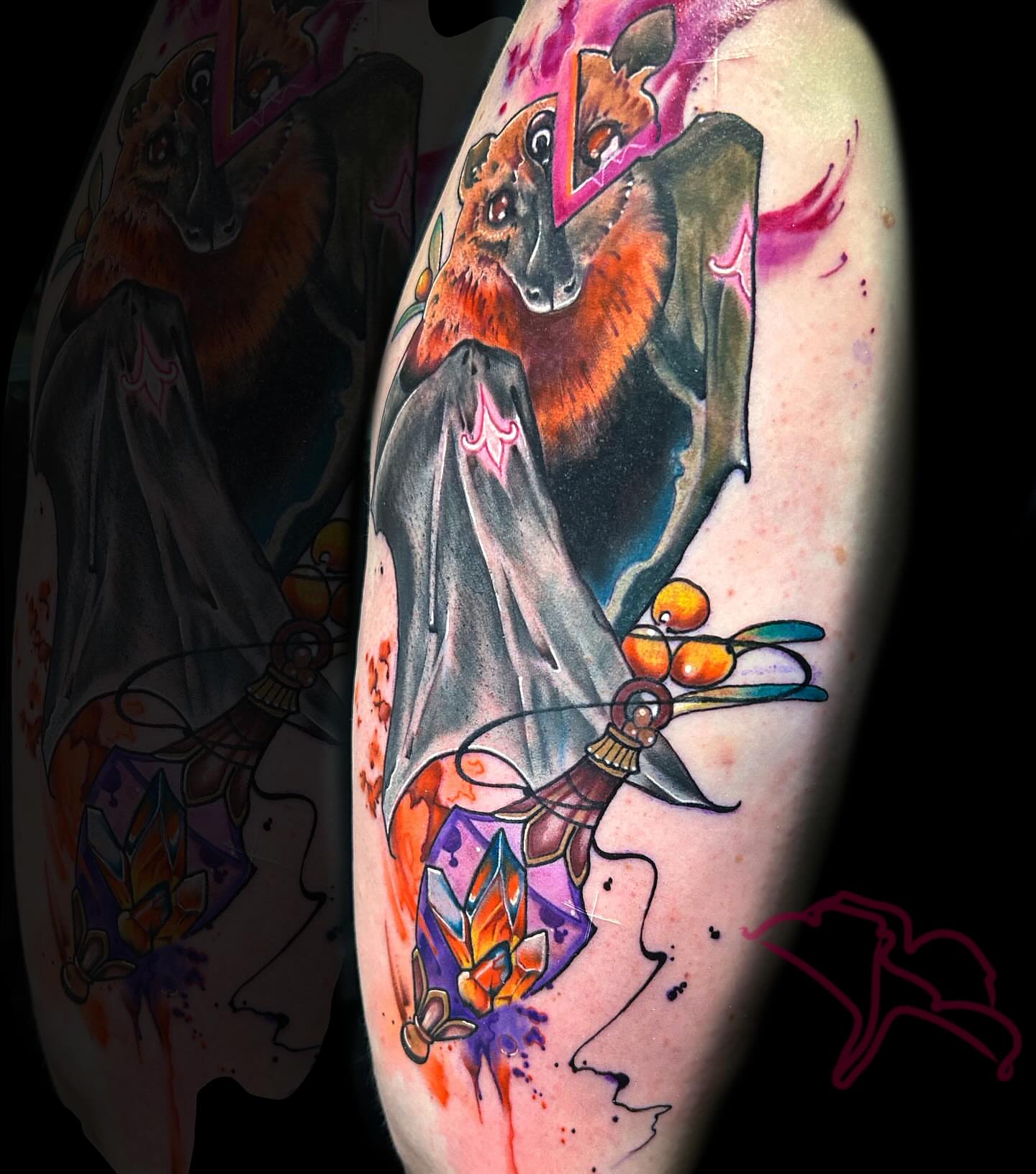 Bat and crystal watercolor tattoo on the upper arm by Aline Petunia, Los Angeles, California