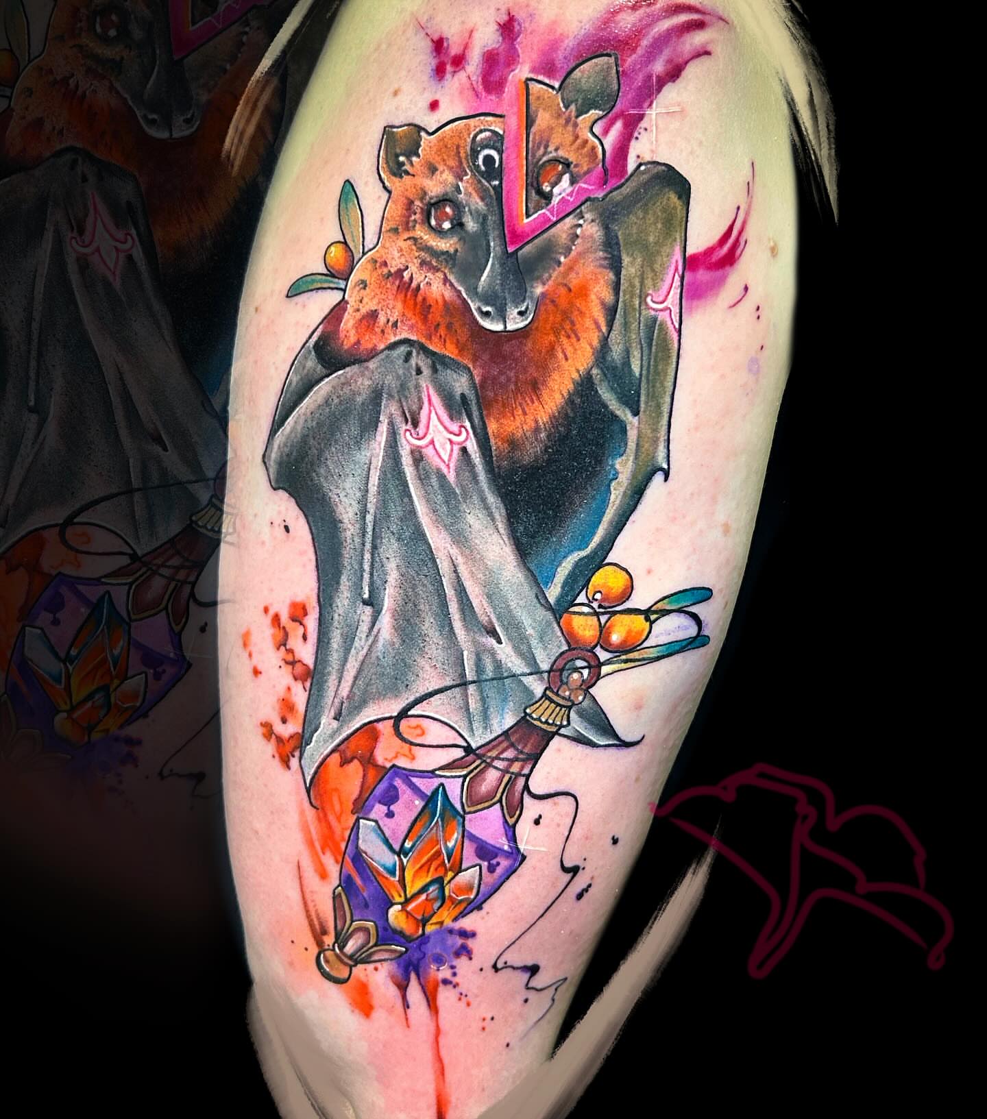 Bat with cape watercolor tattoo on the forearm by Aline Petunia, Los Angeles, California