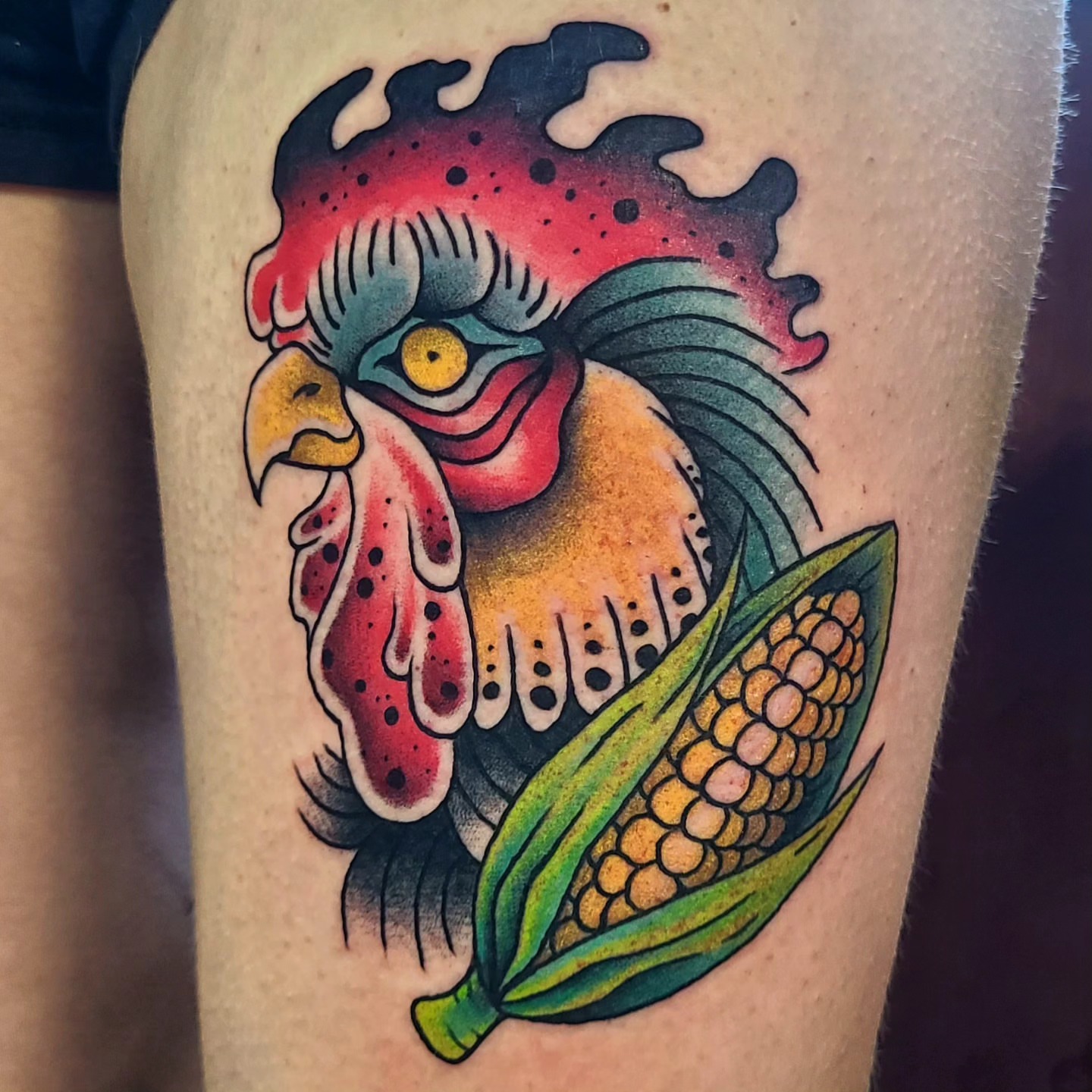 Rooster and corn American traditional tattoo on the thigh by Chloe🌿Tattoos