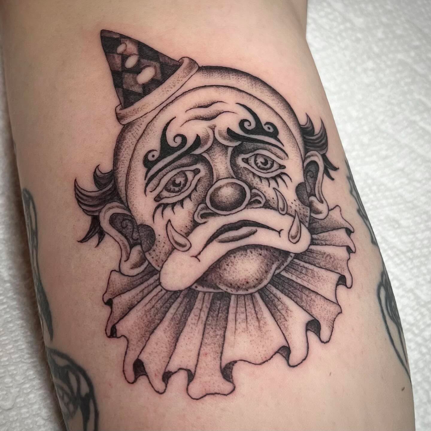 Clown black and grey tattoo on the forearm by ⛓ Emily ⚔️ Milja ⛓