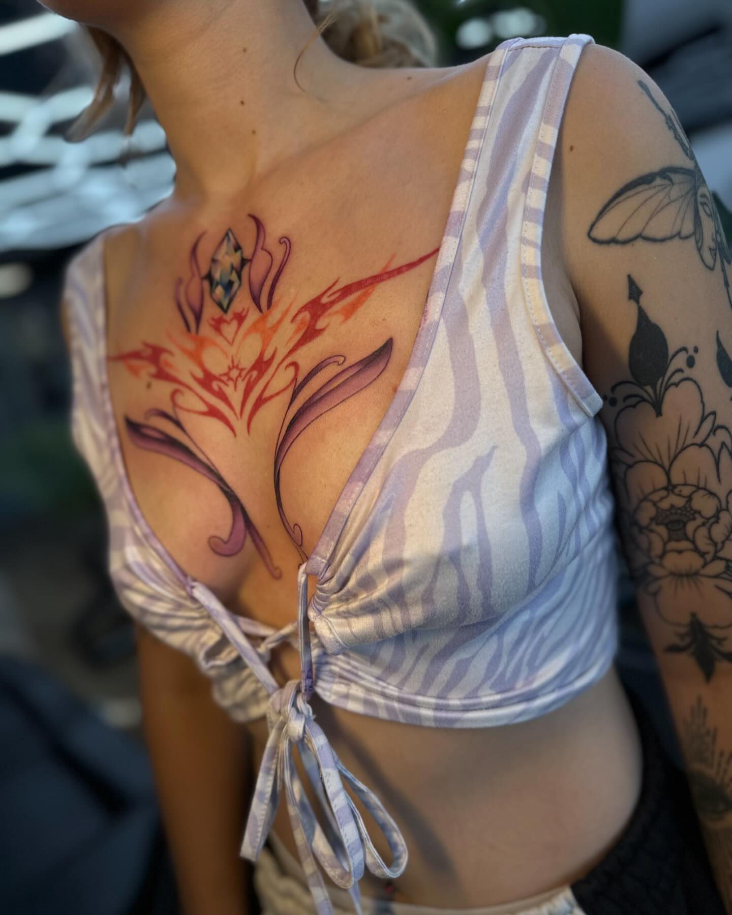 Floral neo-traditional tattoo on the chest by alex h🪴 neotrad