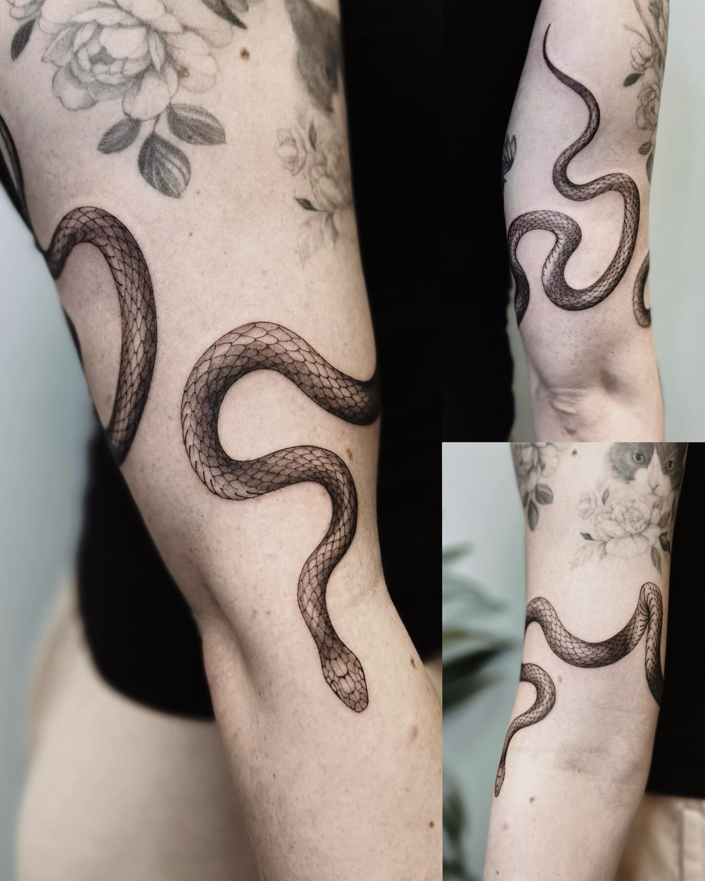 Snake black and grey tattoo on the forearm by Angel