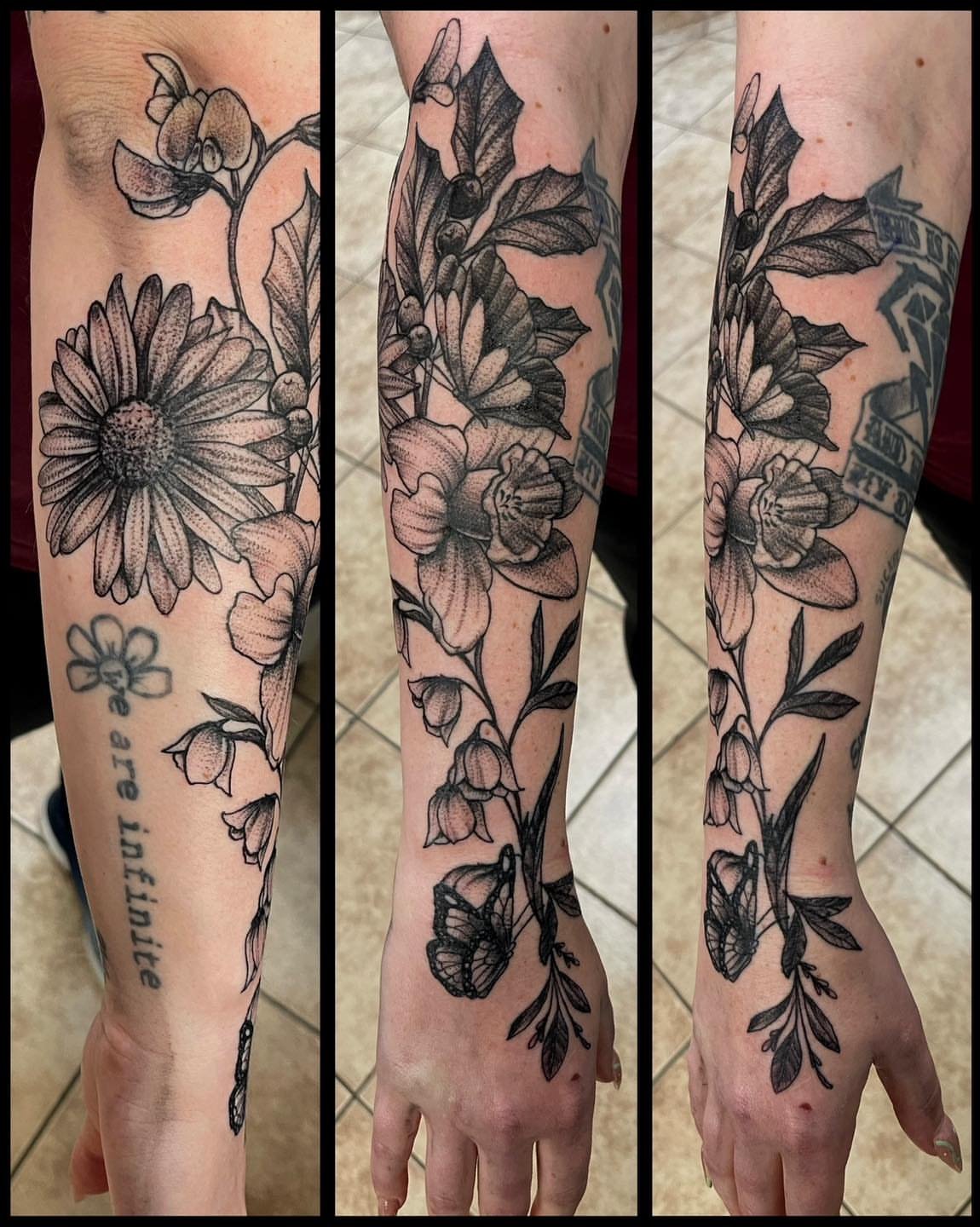 Floral arrangement realism tattoo on the forearm by Bill Ferguson