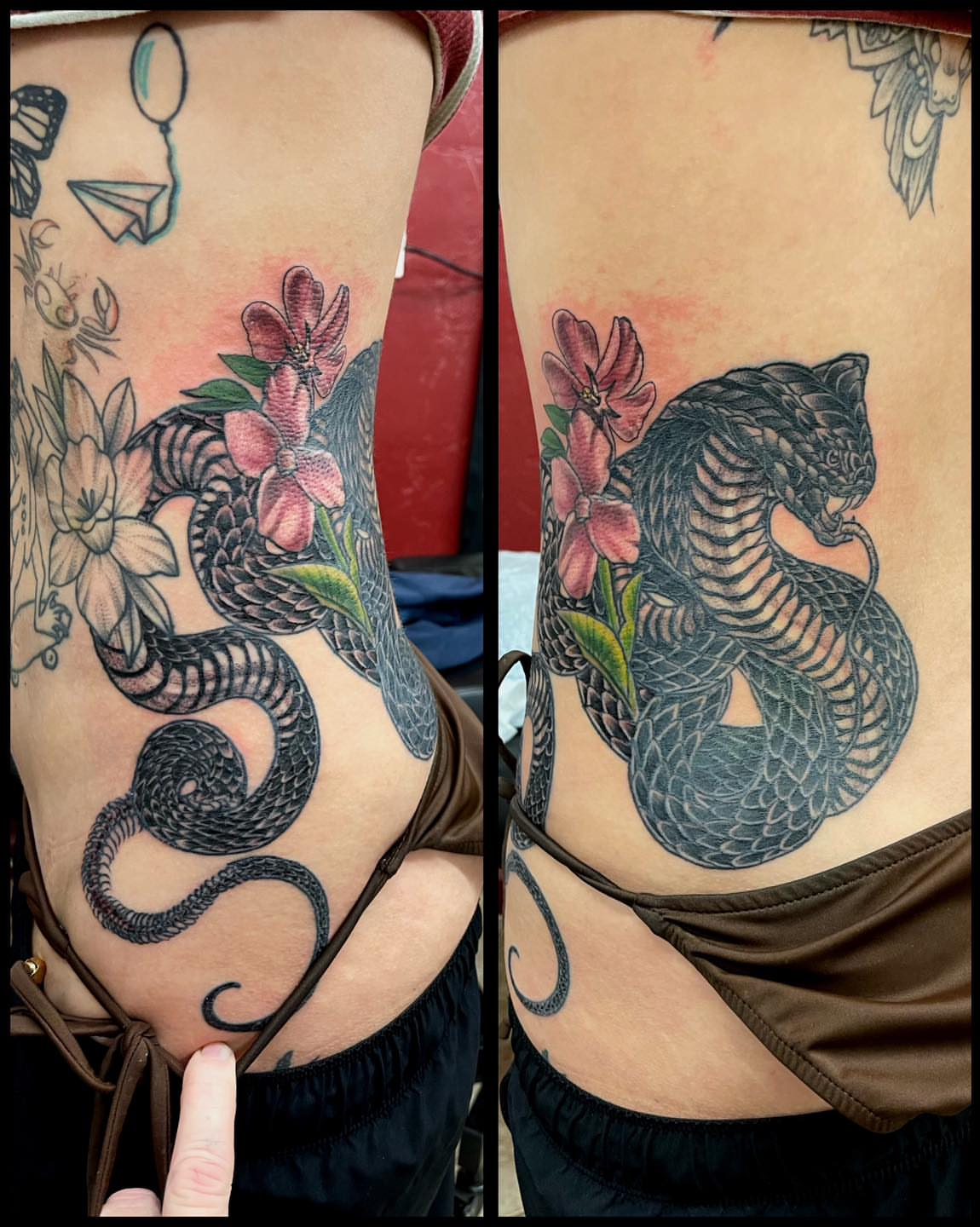 Snake and flowers realism tattoo on the thigh by Bill Ferguson