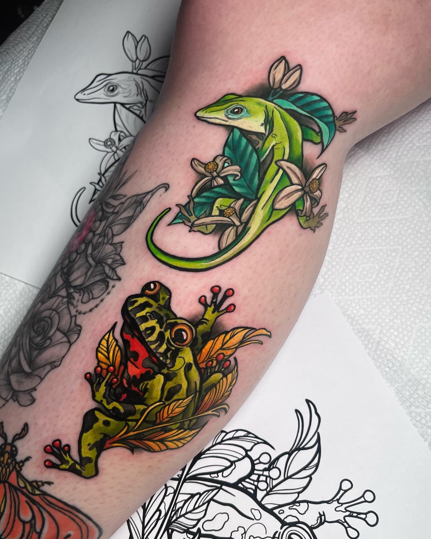 Lizard and frog new school tattoo on the forearm by ʙᴇᴄᴄᴀ ʟʏɴɴ