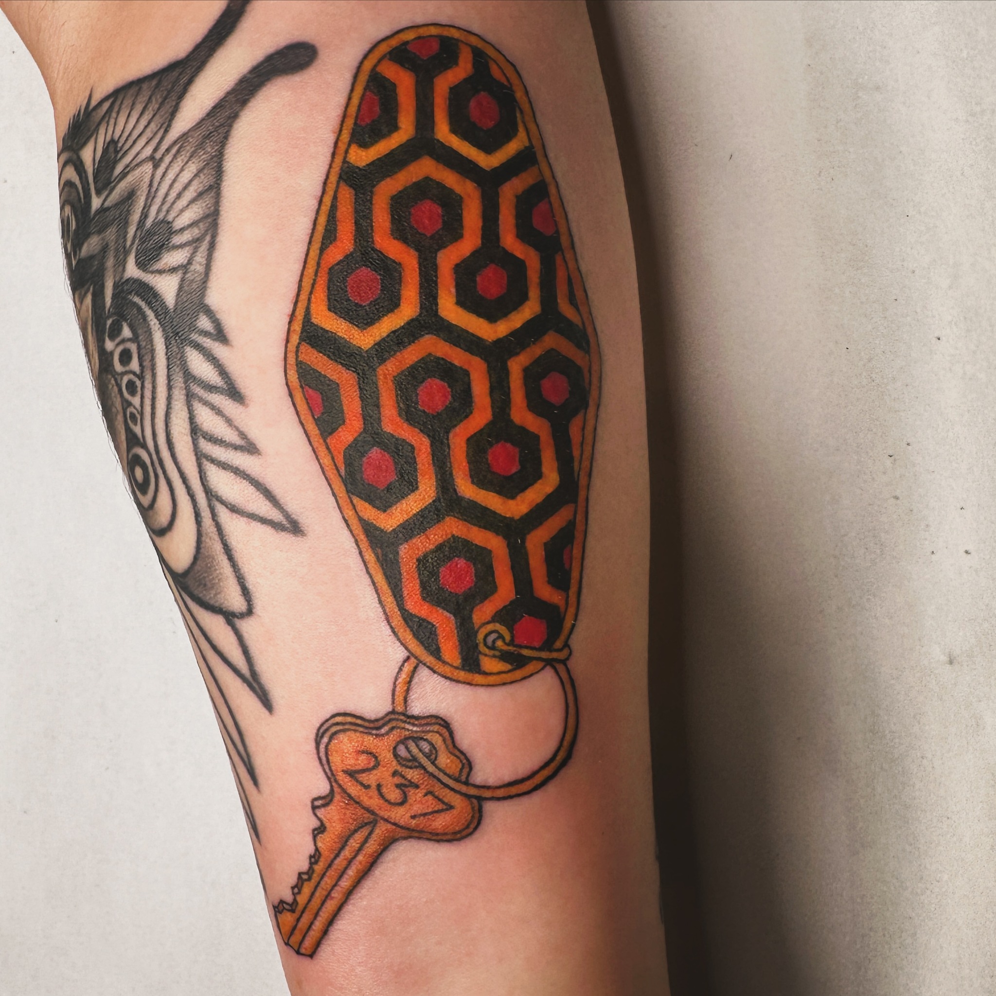Key and hexagonal pattern geometric tattoo on the forearm by ๐ฌ๐๐๐๐๐๐ ๐ฟ๐๐๐๐๐๐, Dickson, Tennessee