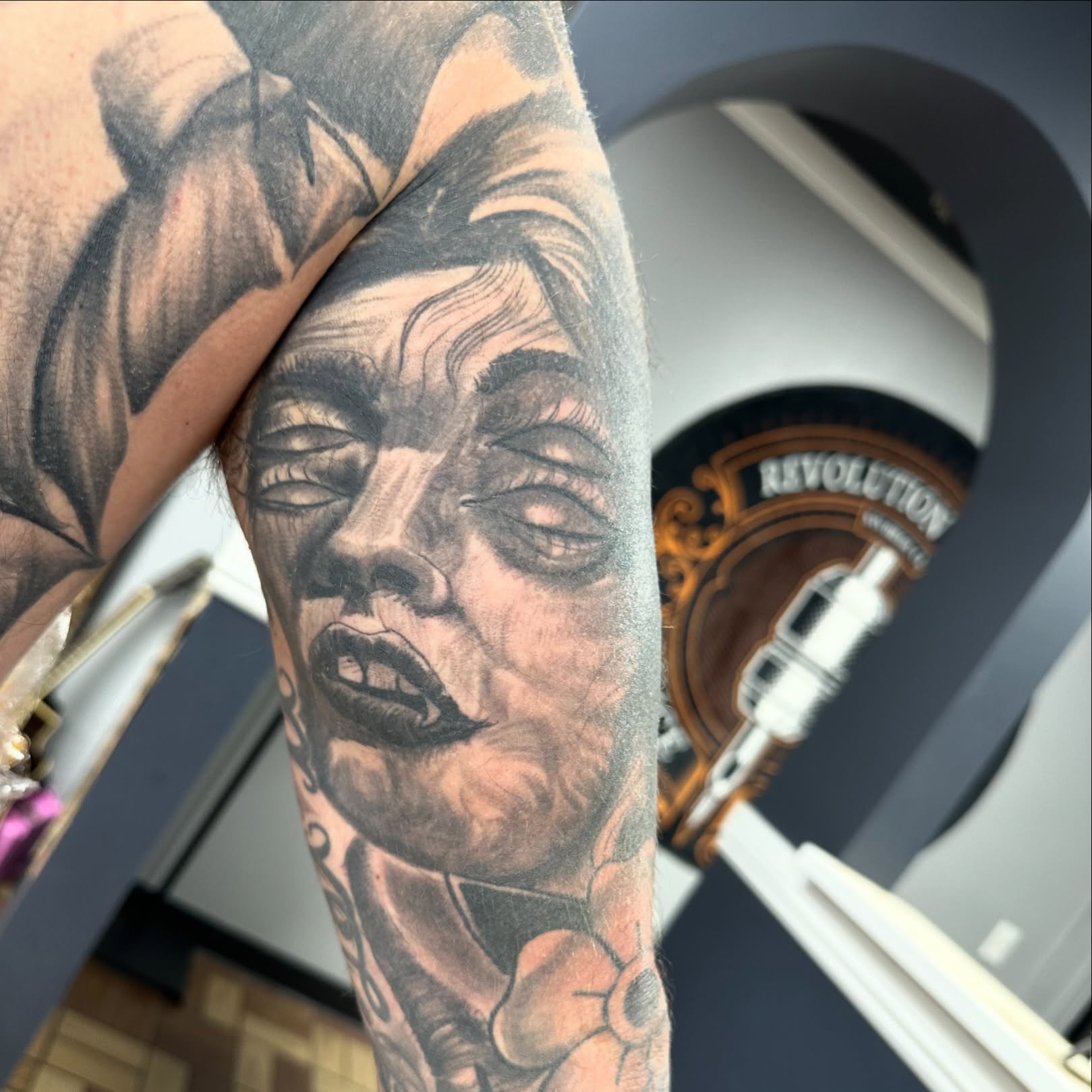 Woman's face realism tattoo on the forearm by vannadoestattoos