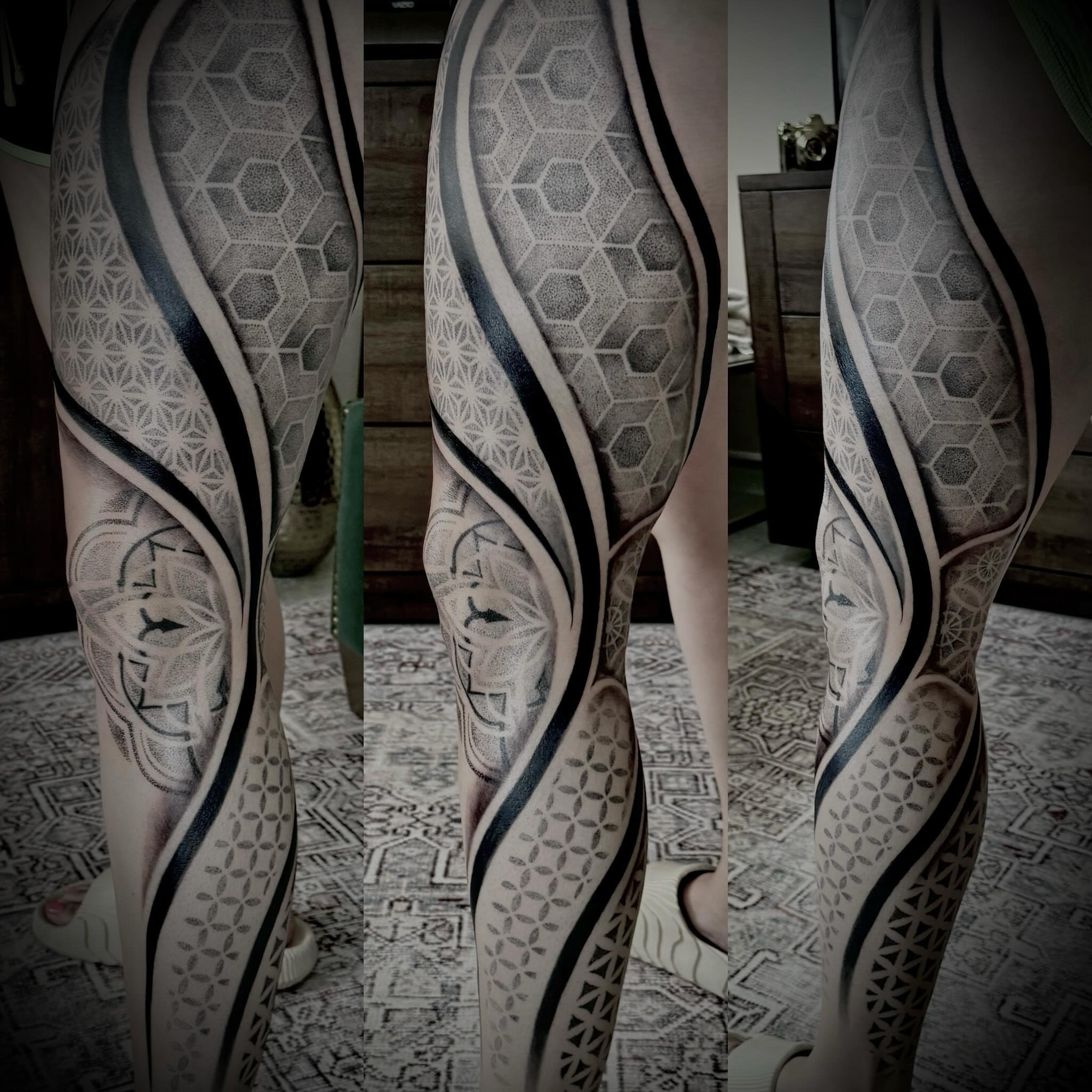 Geometric patterns dotwork tattoo on the leg by TyEsha Reels