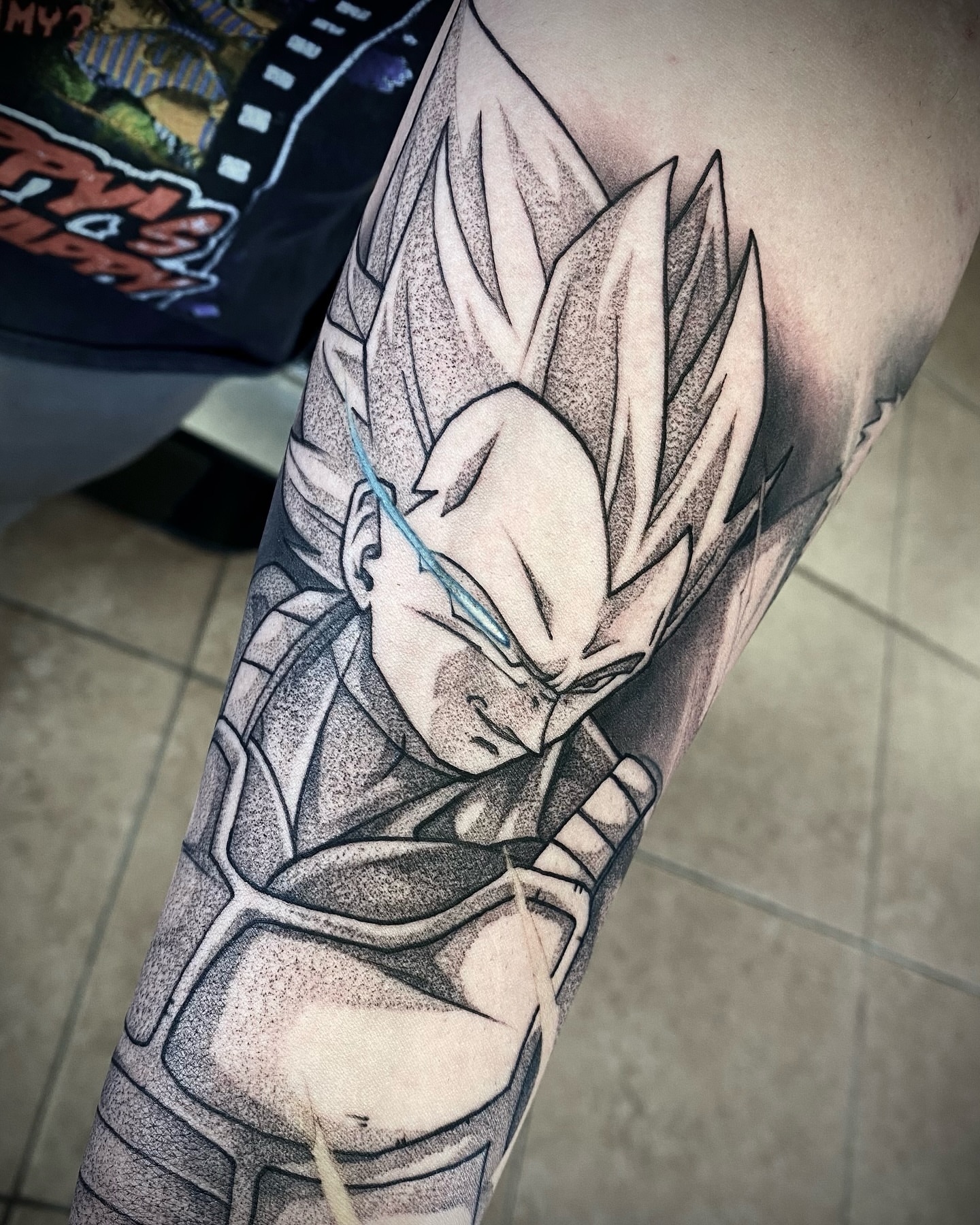 Vegeta dotwork tattoo on the forearm by Angel Rodriguez