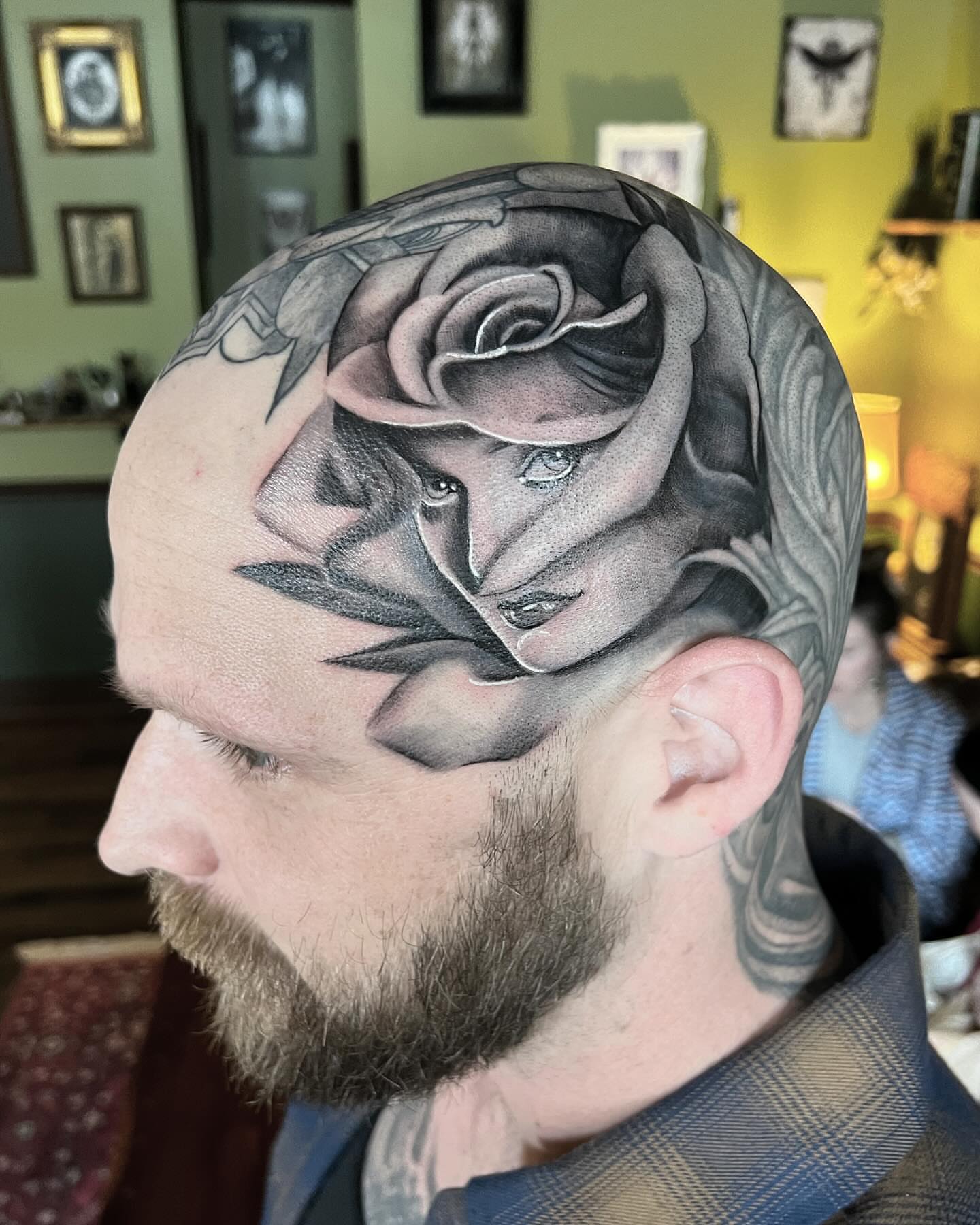 Rose realism tattoo on the head by Tattoos by Alli Wilcox