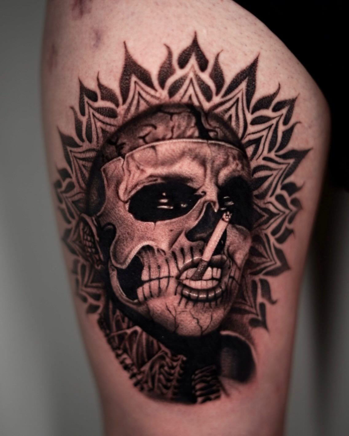 Skull with cigarette realism tattoo on the forearm by DREW ROMERO - Colorado Tattoo Artist, Pueblo, Colorado