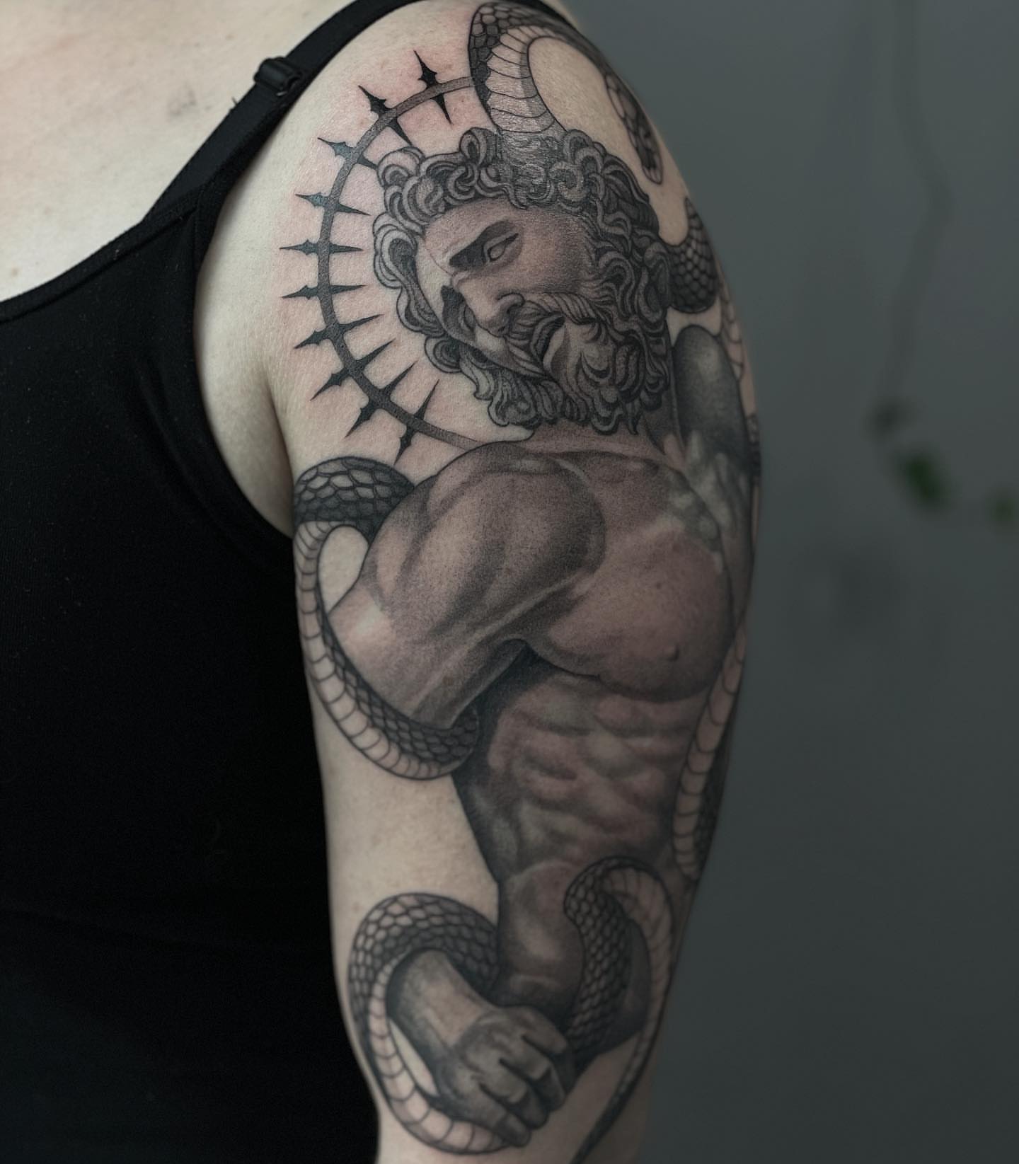 God with snake realism tattoo on the shoulder by Madelyn Roberts, Bellingham, Washington