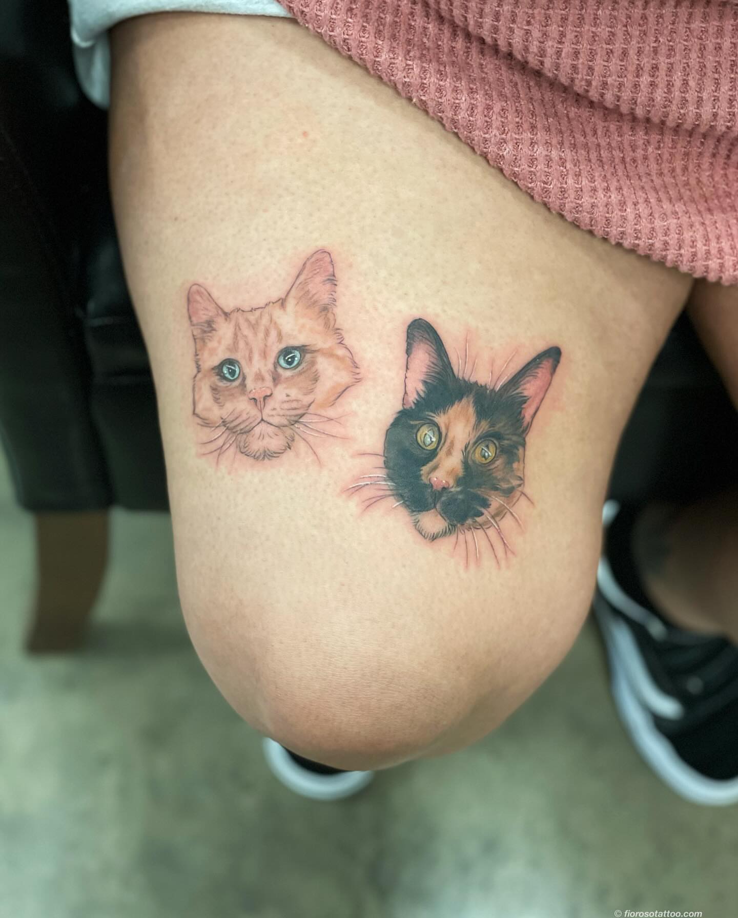 Cat portraits realism tattoo on the thigh by Jonathan Paul Fiore, Austin, Texas