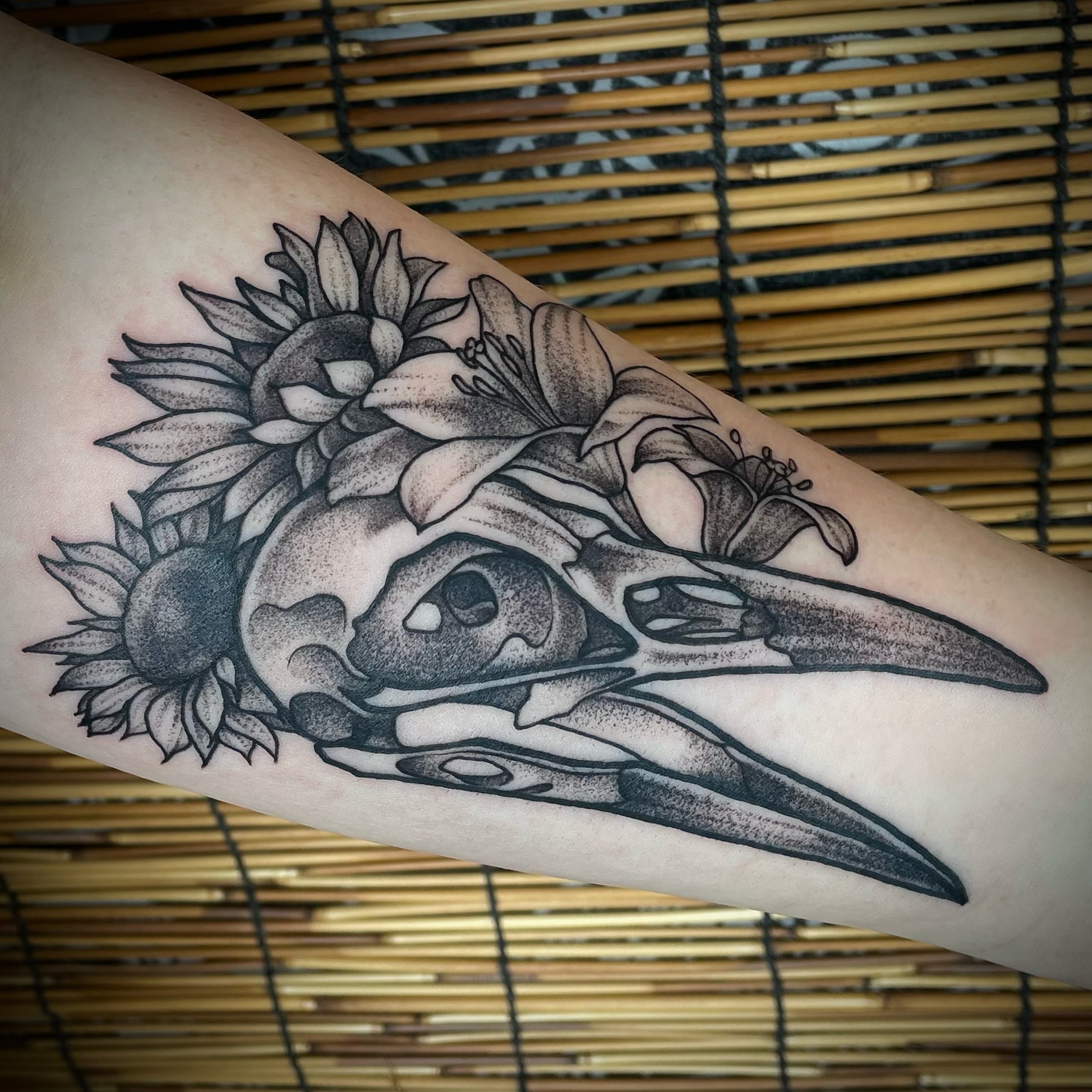 Bird skull with flowers dotwork tattoo on the forearm by Brianna, Portland, Oregon