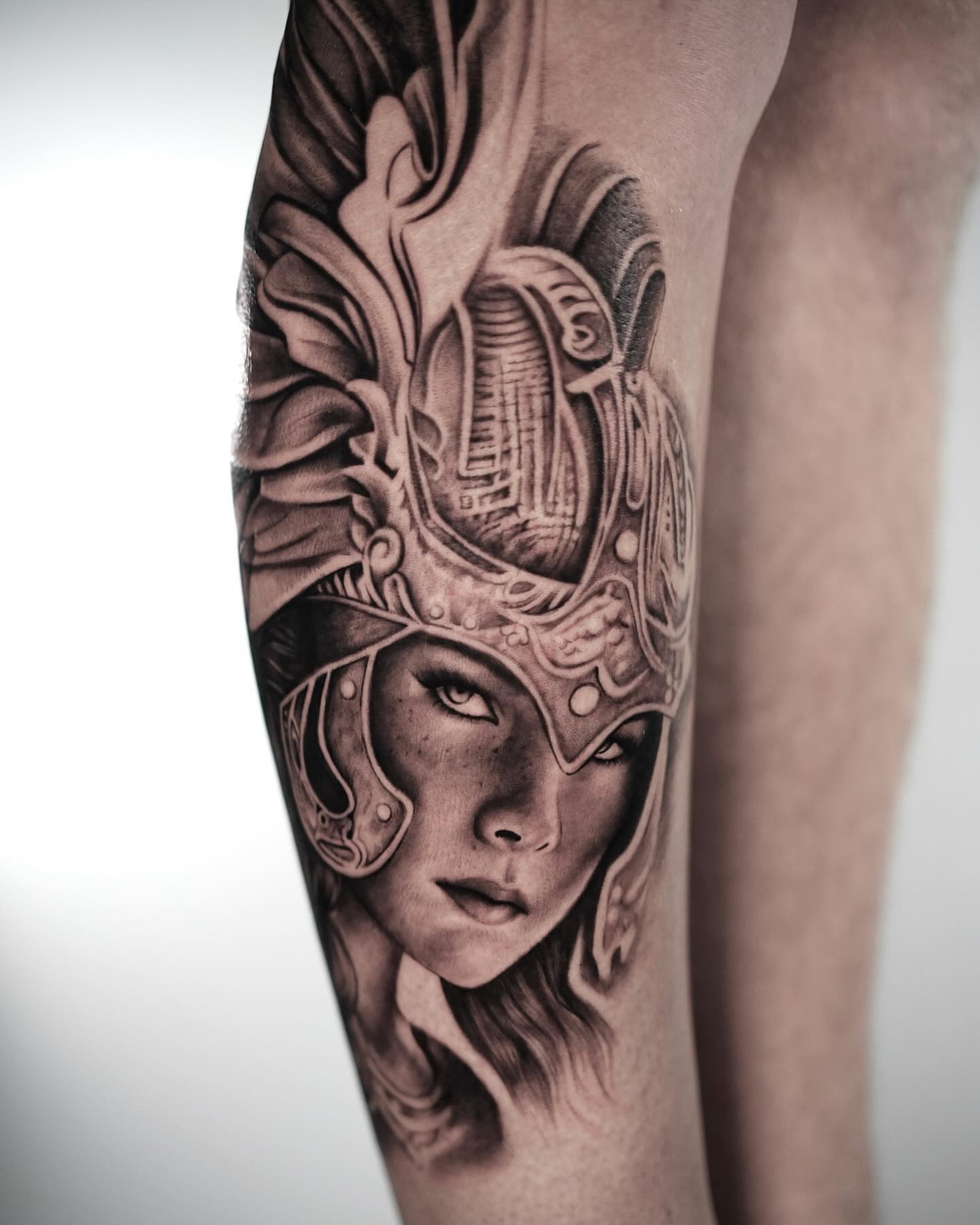 Woman with helmet realism tattoo on the forearm by Sabrina Lakhaysy, Fort Worth, Texas