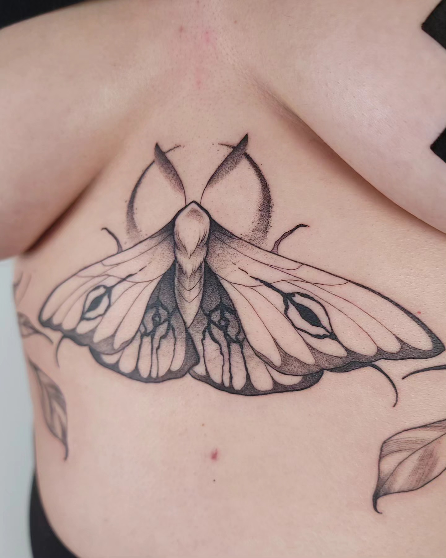 Moth black and grey tattoo on the chest by Ghost