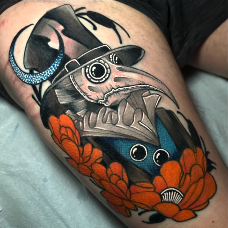 Plague doctor with flowers American traditional tattoo on the thigh by gillian marie