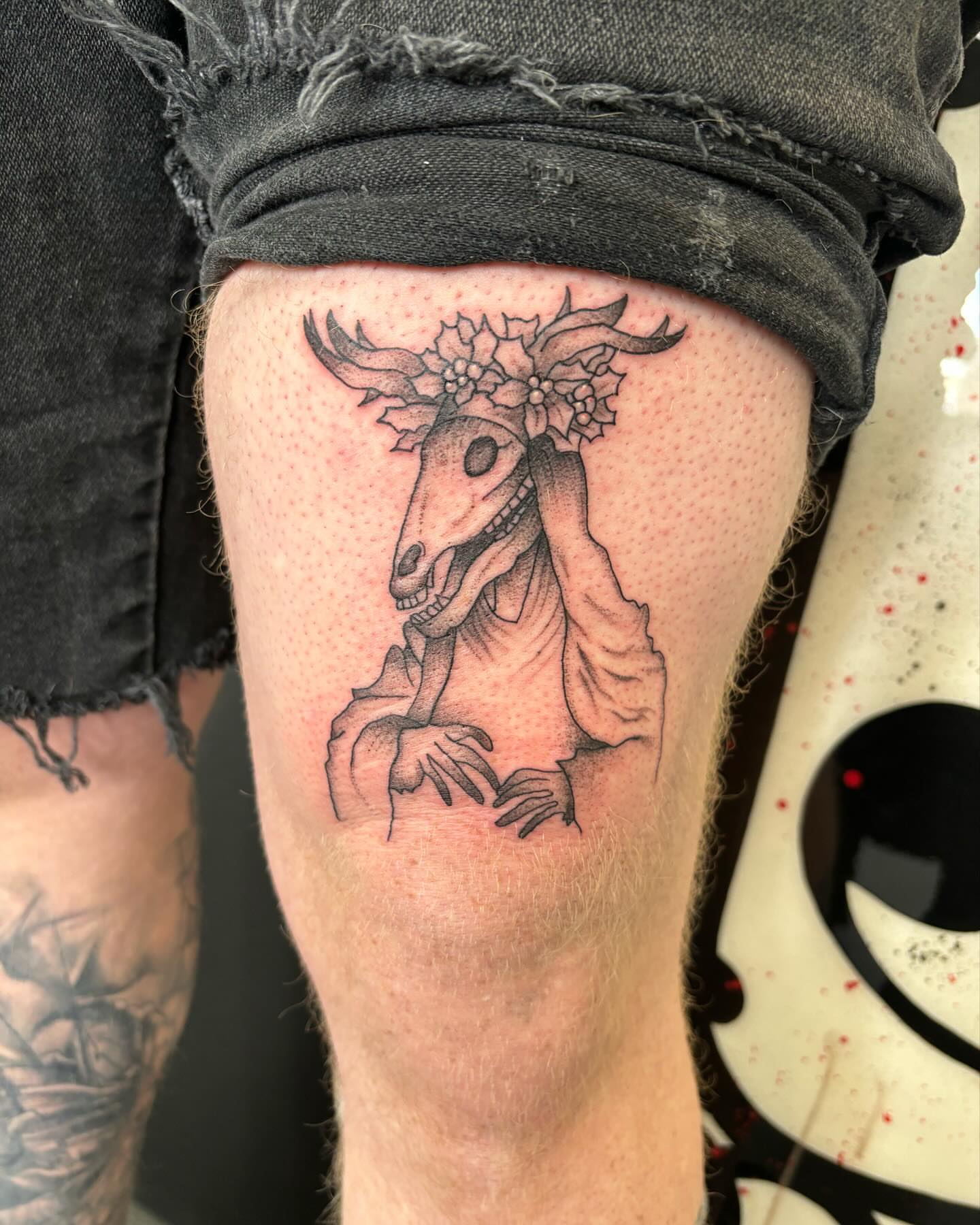 Goat-like creature realism tattoo on the thigh by kylie