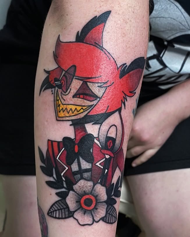 Red devil character American traditional tattoo on the forearm by Drew