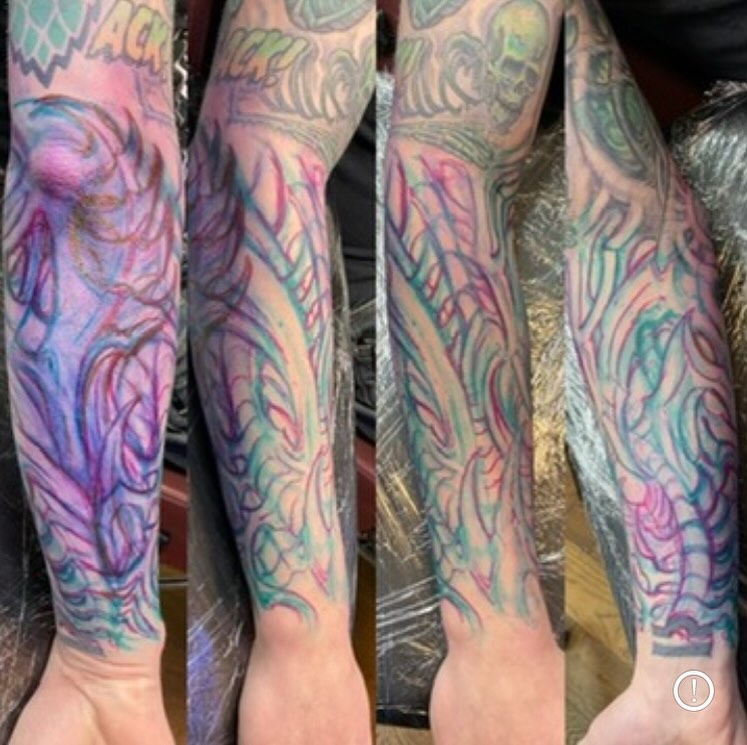 Abstract design new school tattoo on the forearm by Jason Wheelwright