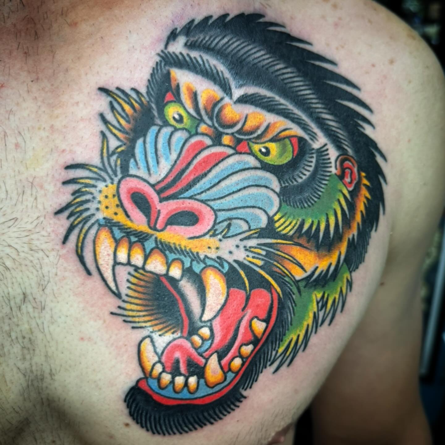 Angry gorilla American traditional tattoo on the shoulder by Timothy Wood