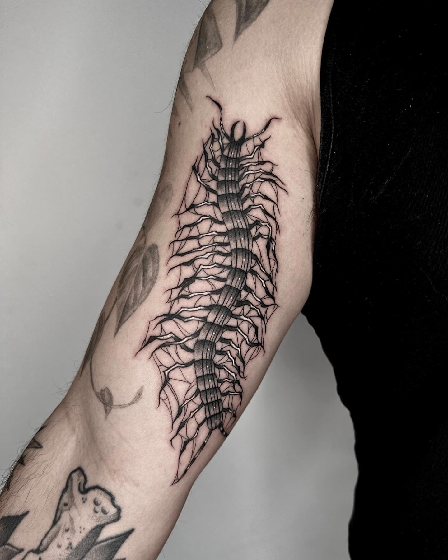 Centipede black and grey tattoo on the forearm by ✮ Monarch Tattoos ✮