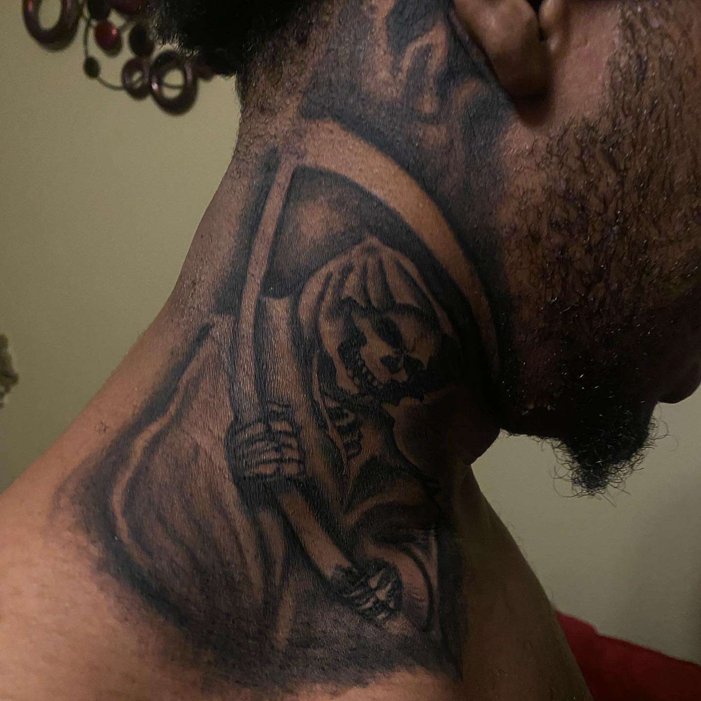 Grim reaper black and grey tattoo on the neck by dallas tattoo artist, Duncanville, Texas