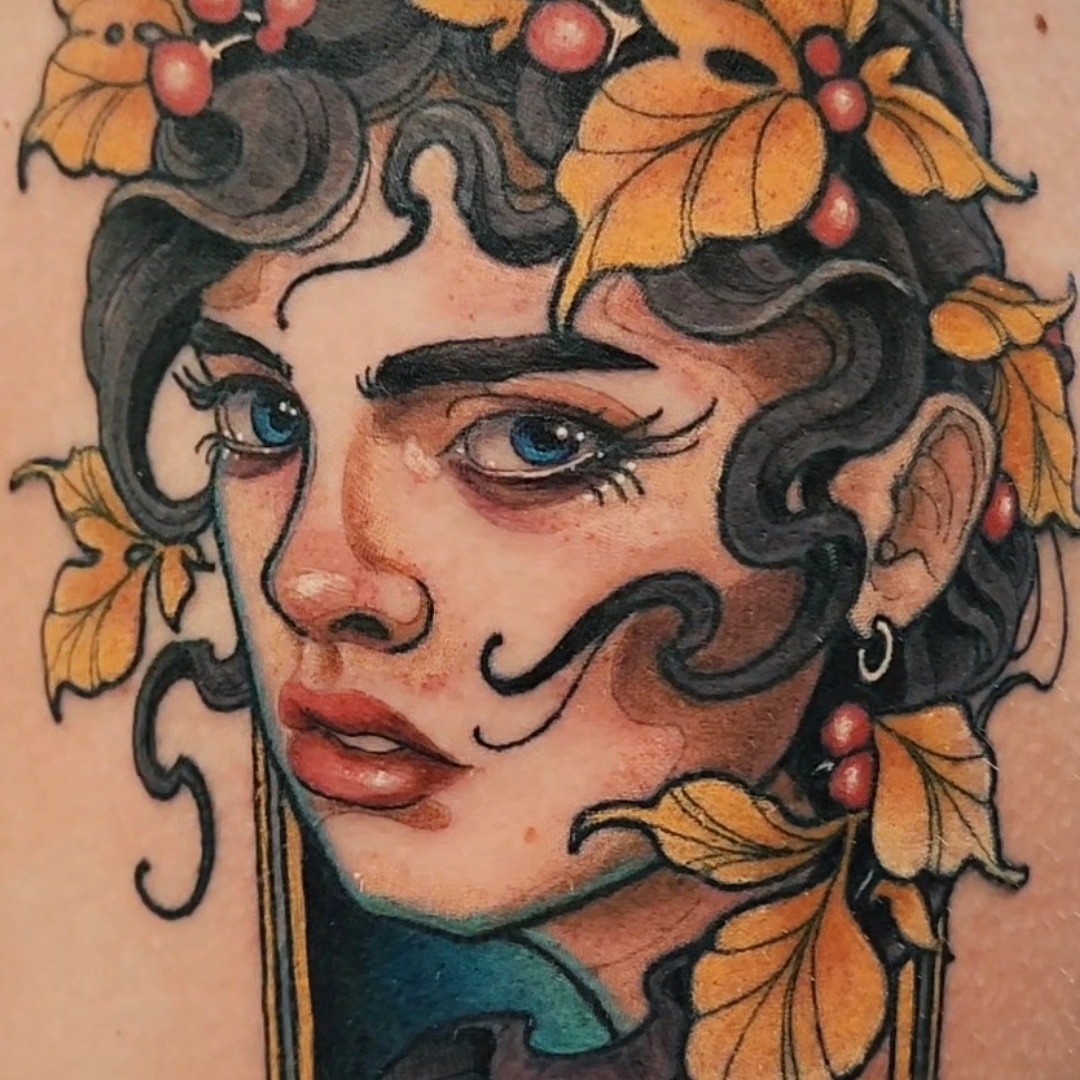 Woman with autumn leaves American traditional tattoo on the head by Mario Romero