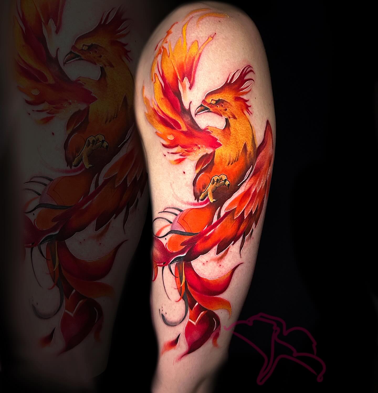 Phoenix watercolor tattoo on the forearm by Aline Petunia, Los Angeles, California