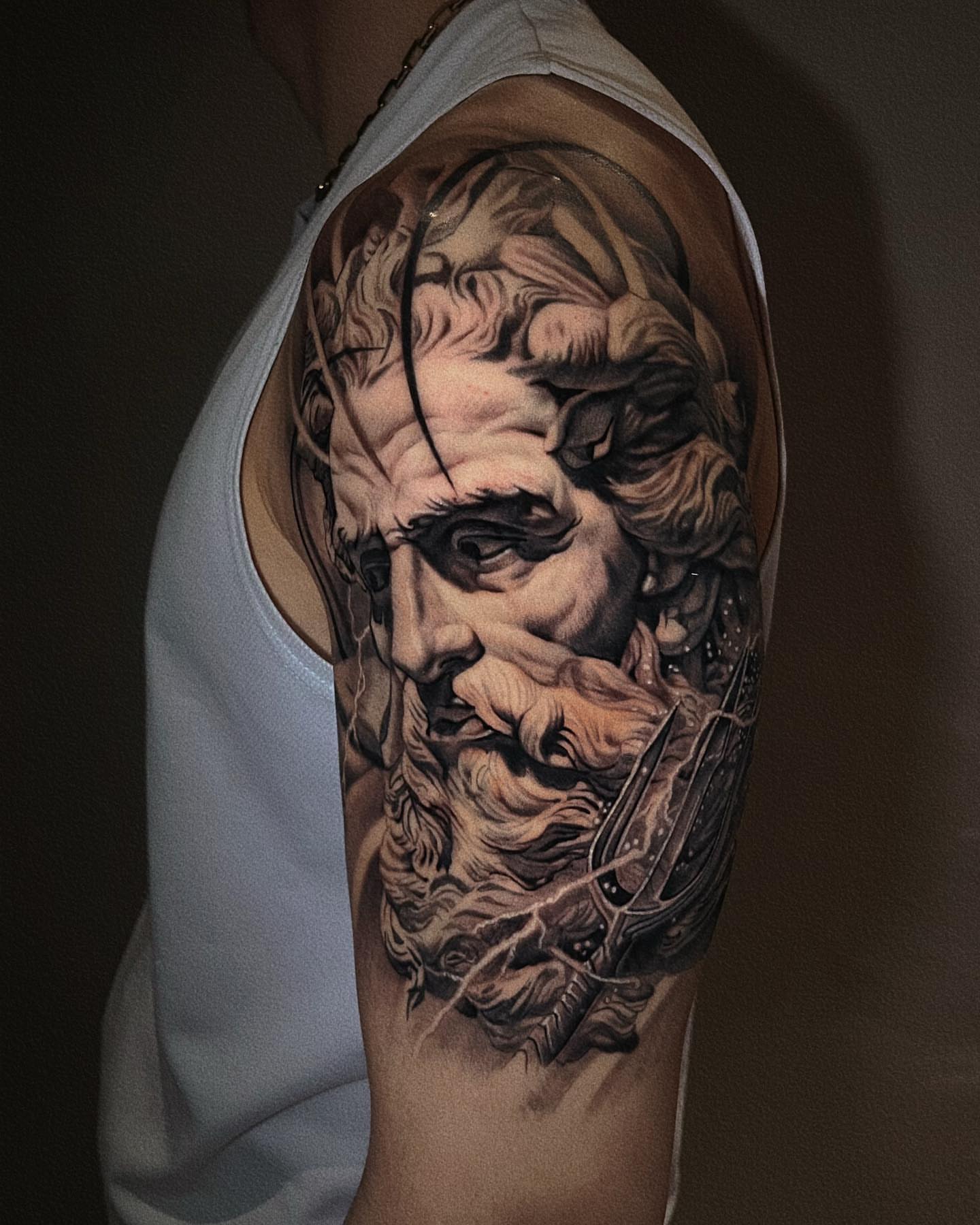 Ancient philosopher realism tattoo on the shoulder by Duo