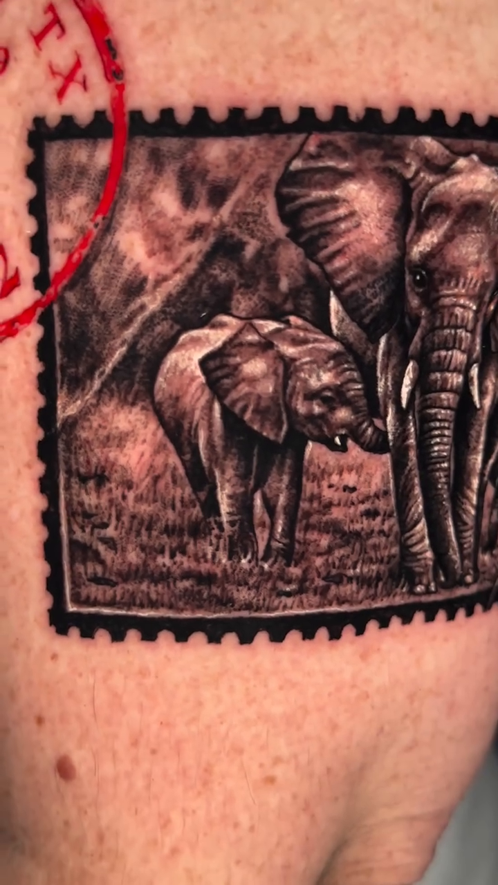 Elephants in a stamp realism tattoo by James Moyer