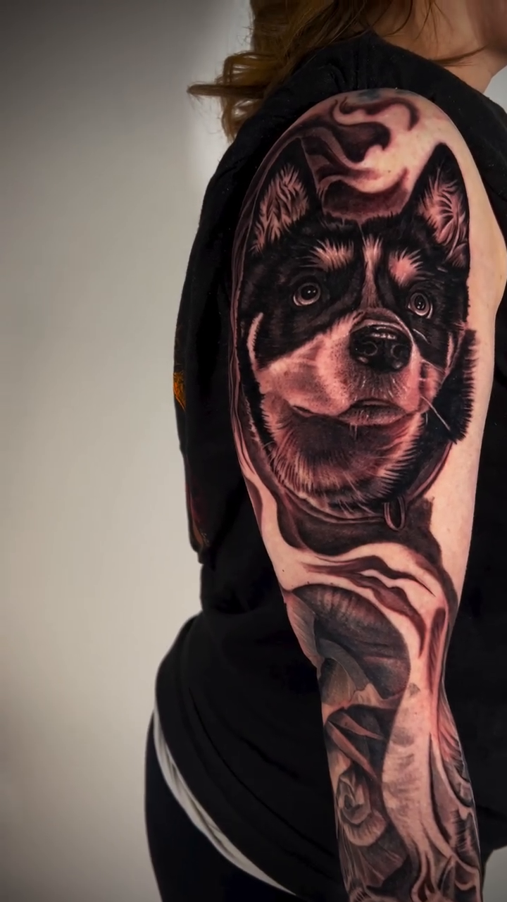 Dog portrait sleeve realism tattoo by Andrew Wine🍷Tattoo