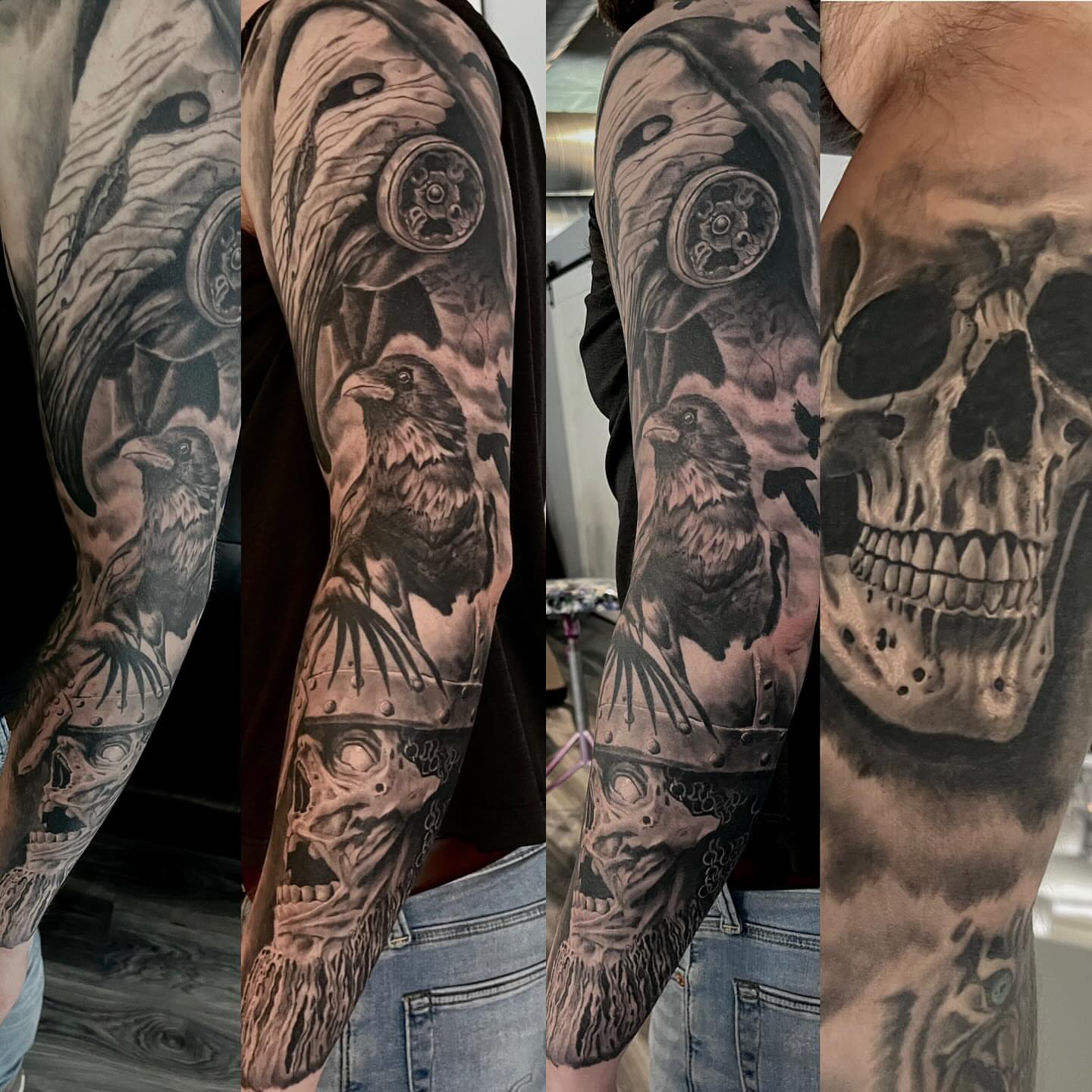 Crow and skull realism tattoo on the forearm by Antonio Massimino