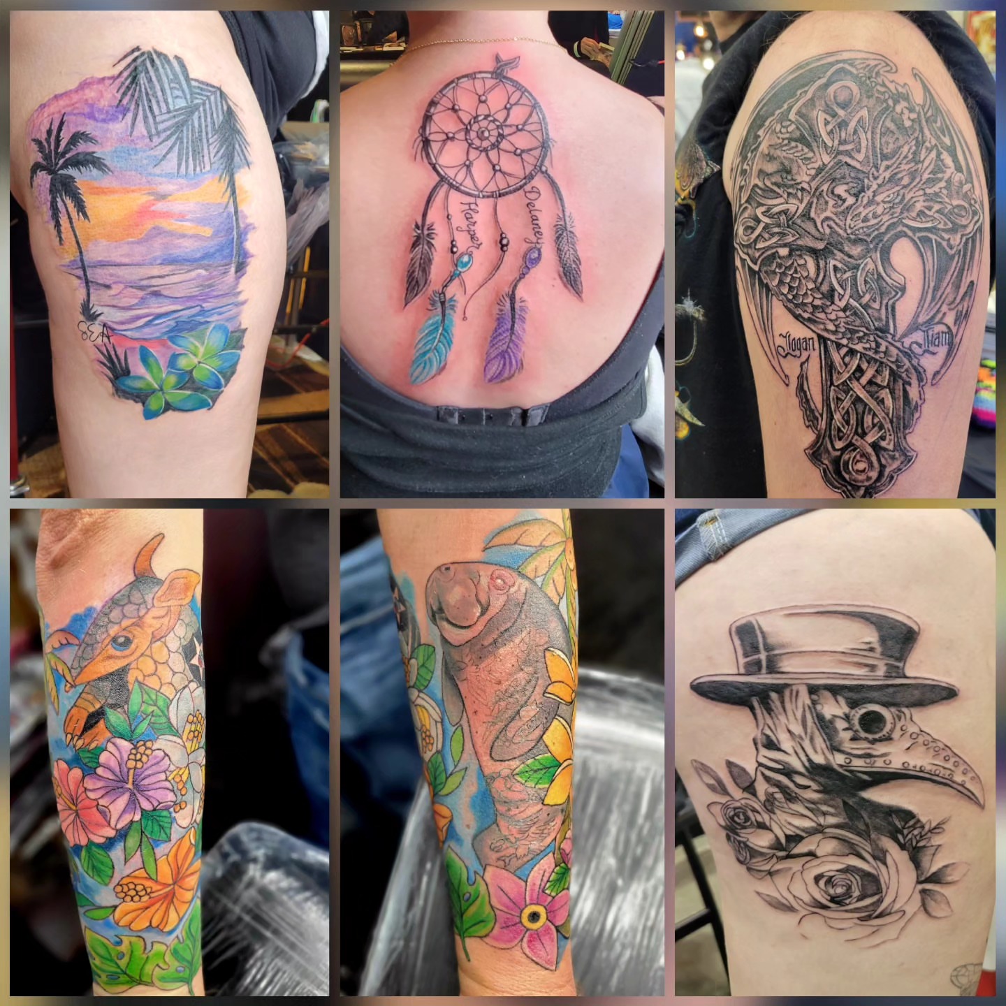 Tropical beach watercolor tattoo on the upper arm by Naez Ink AKA Renae Madison, Macomb, Illinois