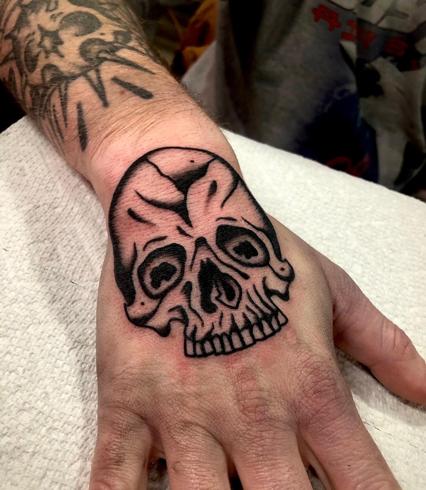 Skull black and grey tattoo on the hand by brenden
