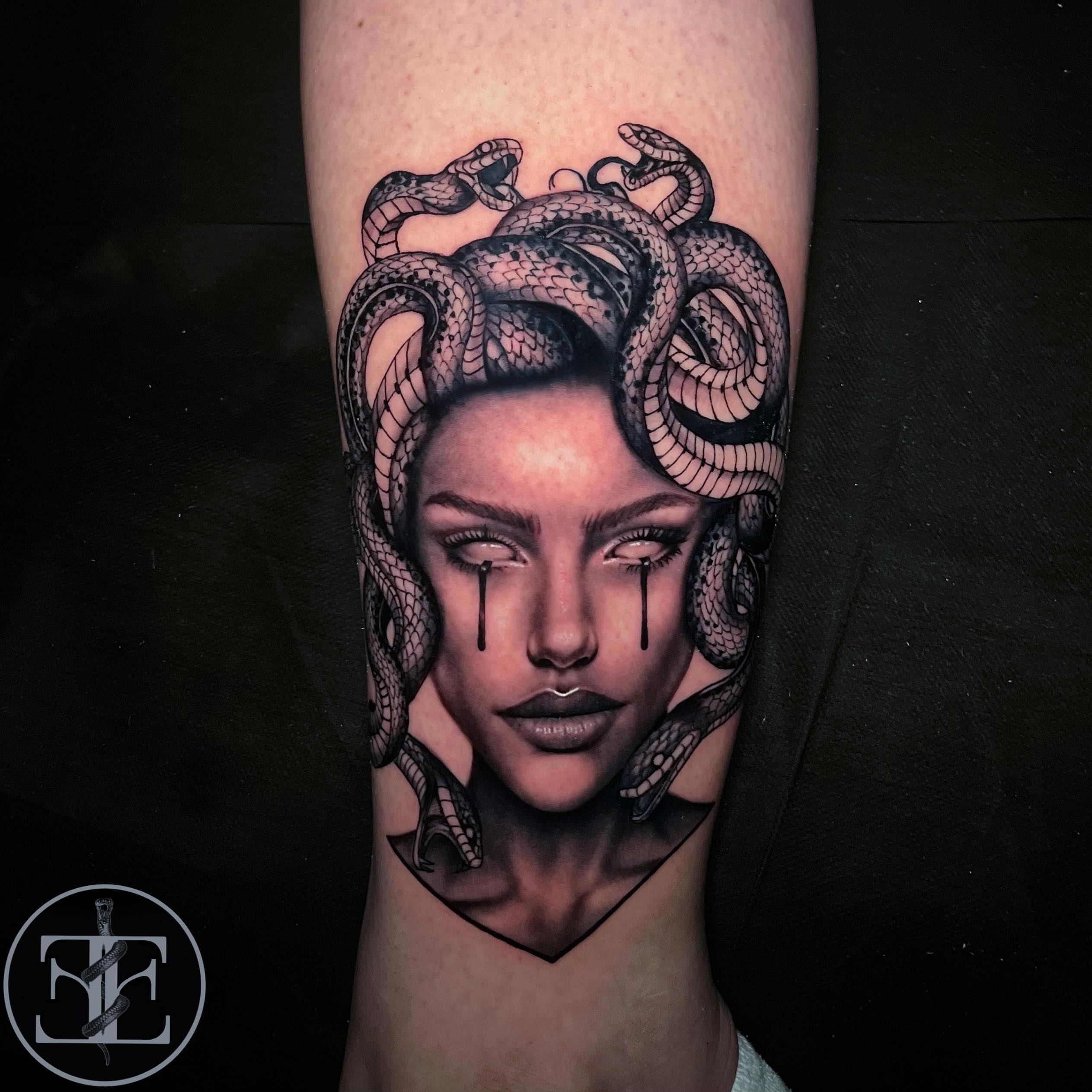 Medusa realism tattoo on the forearm by Mariella Elizabeth Paul ππ€