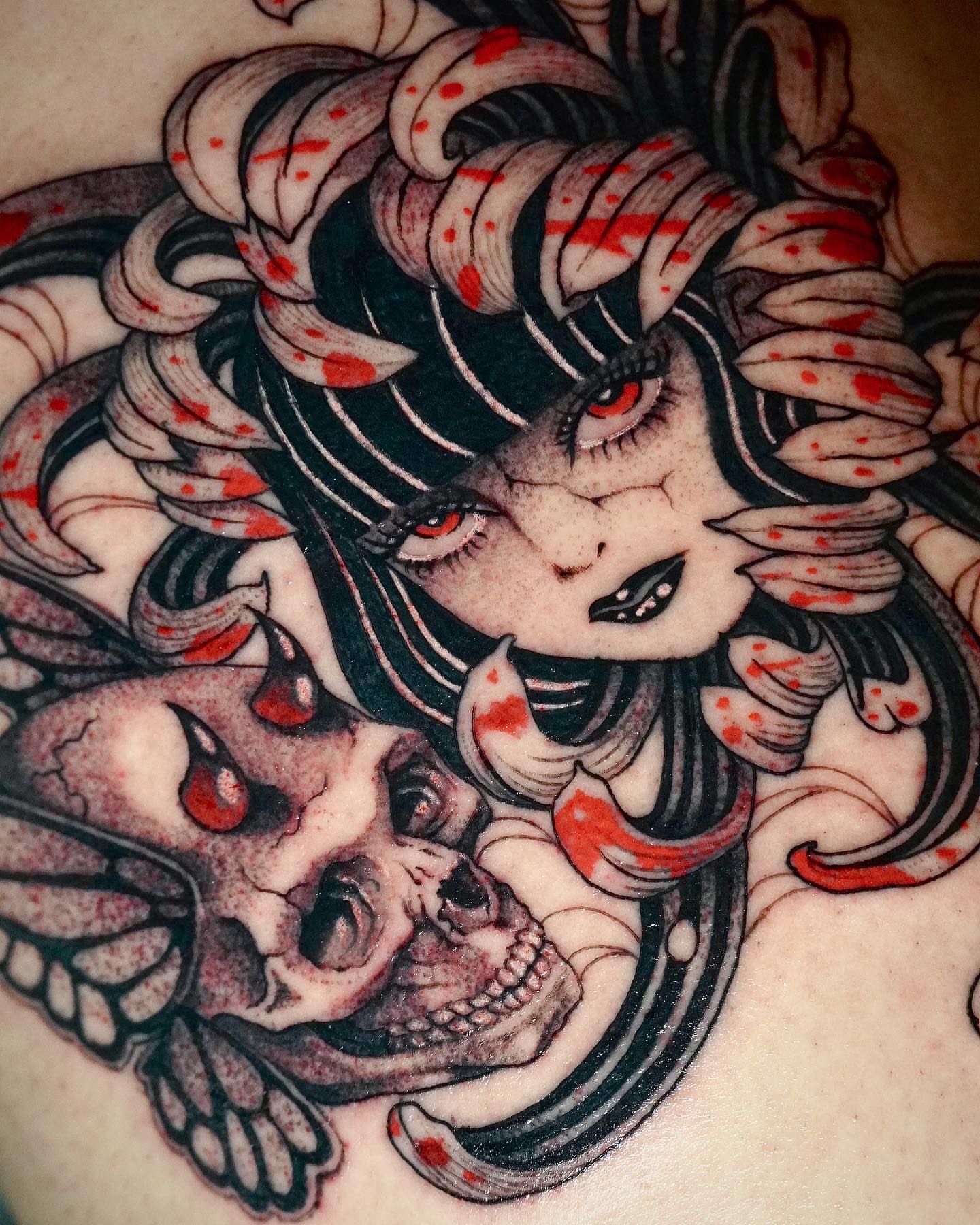 Woman with snakes American traditional tattoo by 吳盈慧, Los Angeles, California