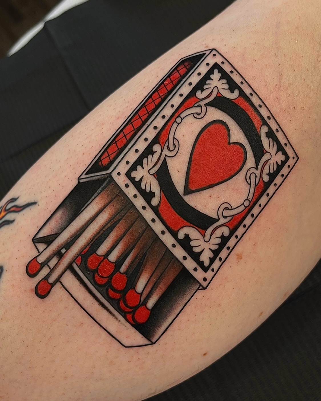 Matches and heart American traditional tattoo on the forearm by 𝒟𝑜𝓃𝓃𝒶 𝒥 ࿏ Portland Tattoo Artist