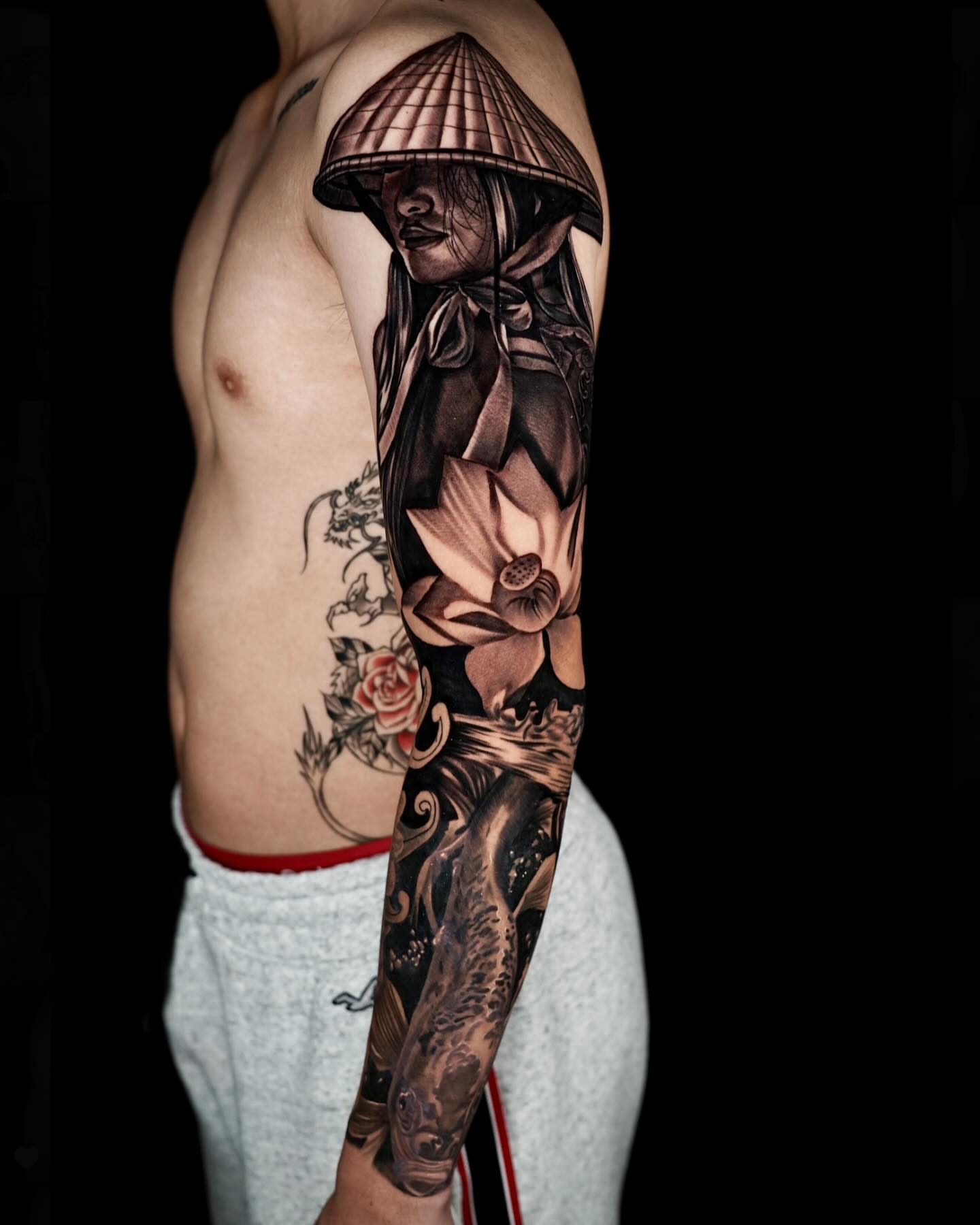 Woman wearing a conical hat japanese irezumi tattoo on the forearm by Travis